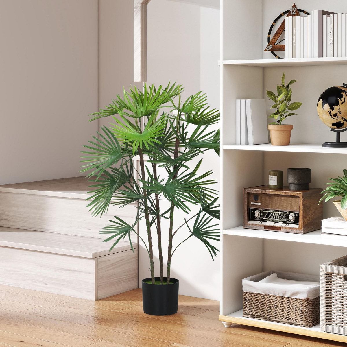 HOMCOM Palmier artificiel - plante artificielle H.90cm - 3 pieds 24 feuilles grand réalisme - pot inclus