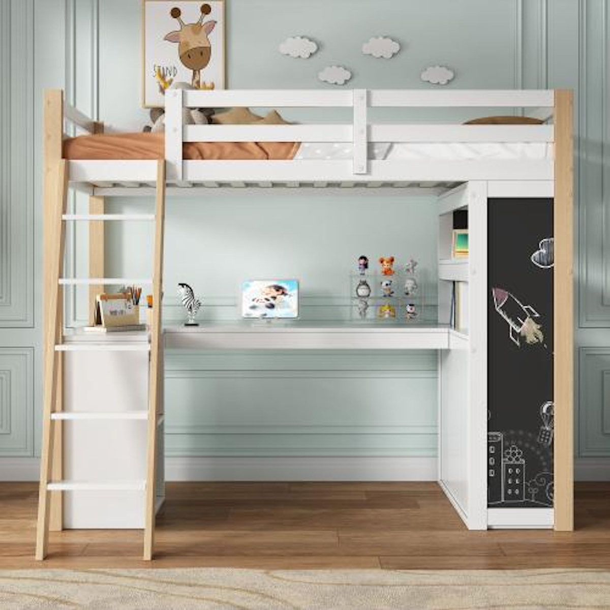 MERAX Lit combiné enfant 90x200 cm coloris blanc+naturel bois massif