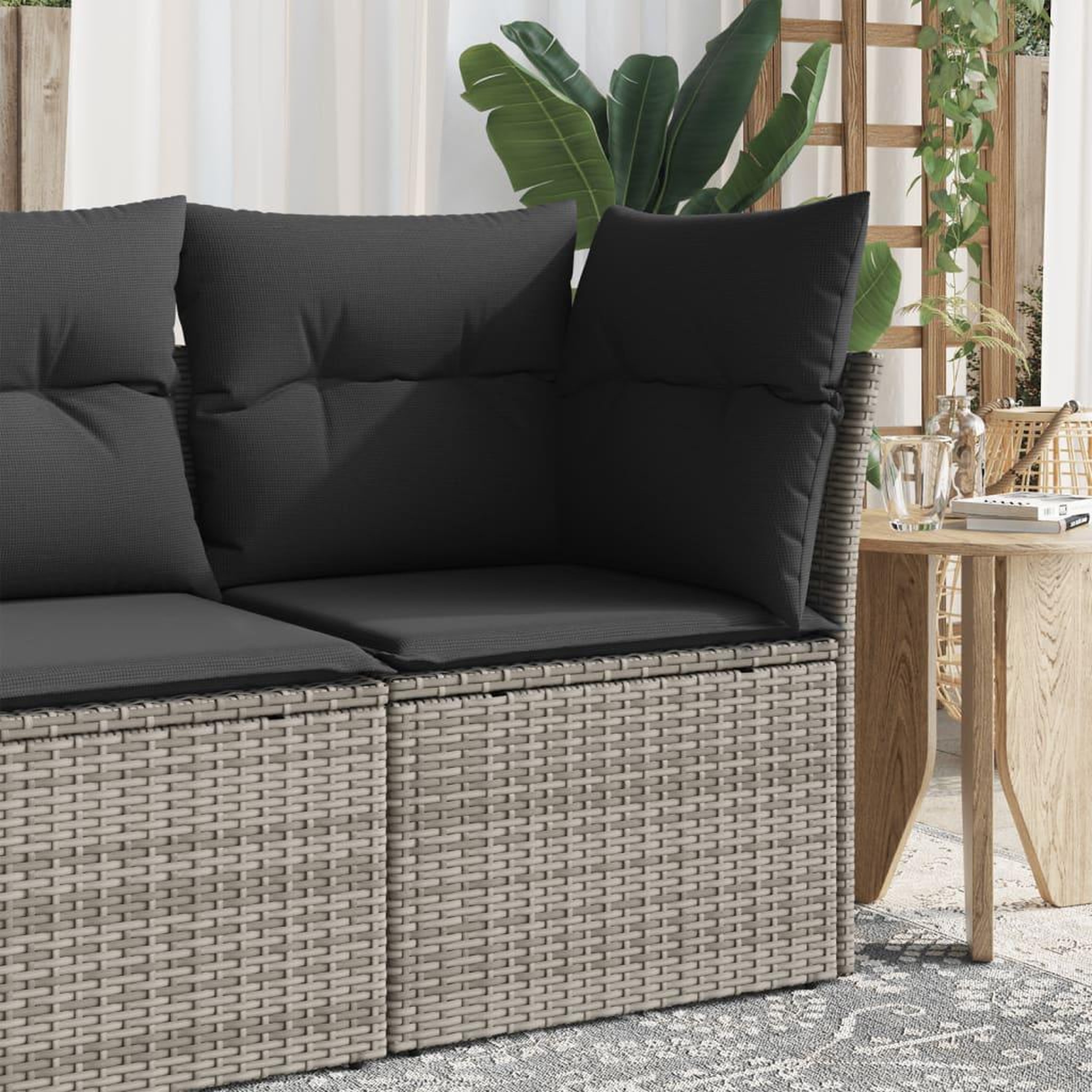 VIDAXL Canape d'angle de jardin avec coussins gris resine tressee