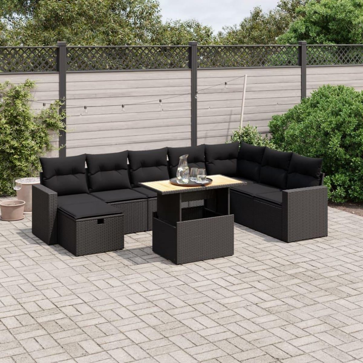 VIDAXL Salon de jardin 9 pcs avec coussins noir resine tressee