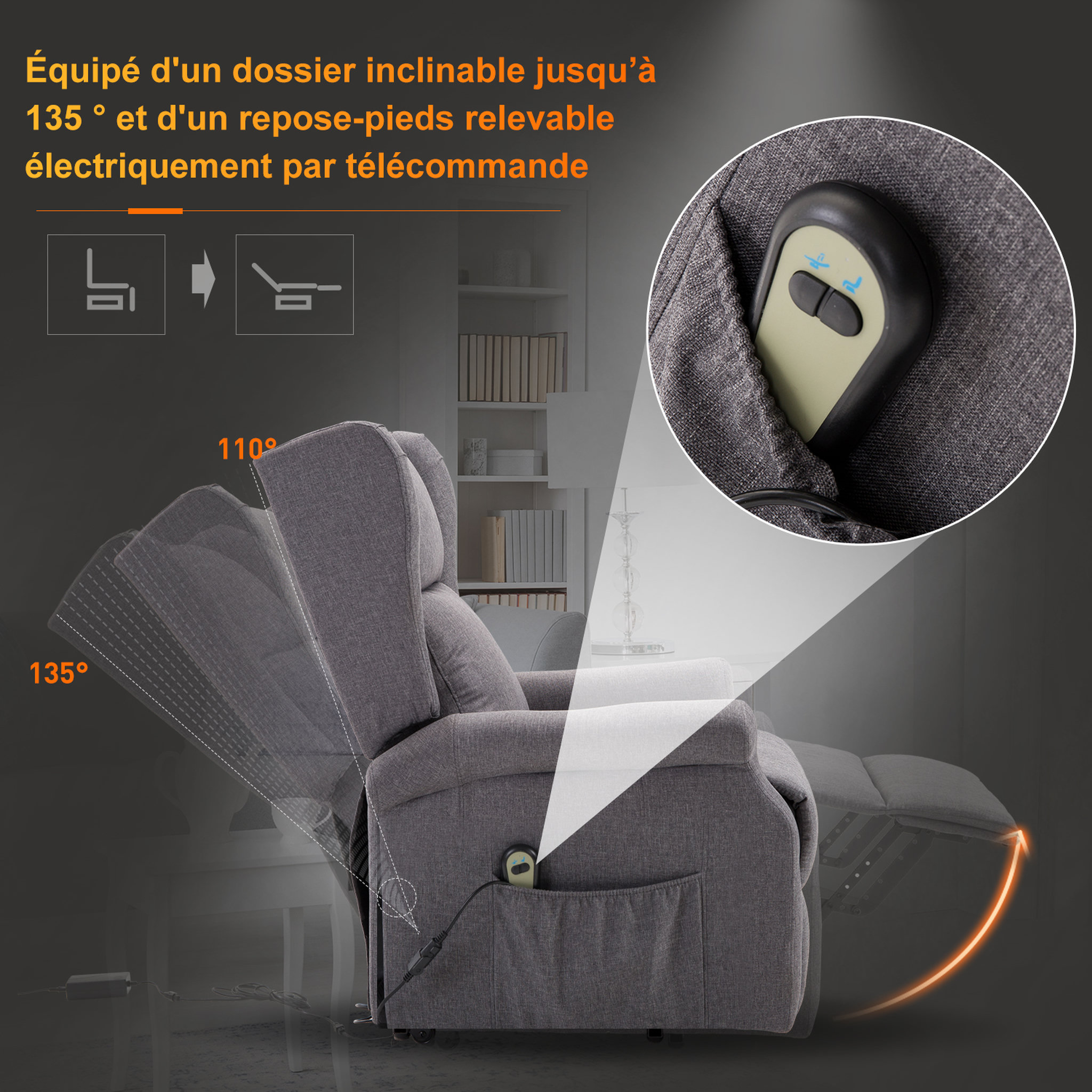 Voir la diapositive 5 : HOMCOM Fauteuil de relaxation électrique fauteuil releveur inclinable avec repose-pied ajustable lin gris chiné