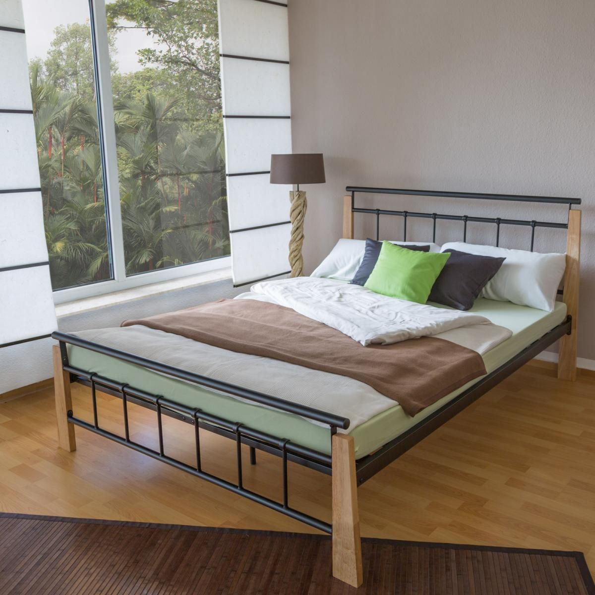 HomeStyle4U Design metal lit double 140 x 200 cadre de lit lattes bois neuf noir brun