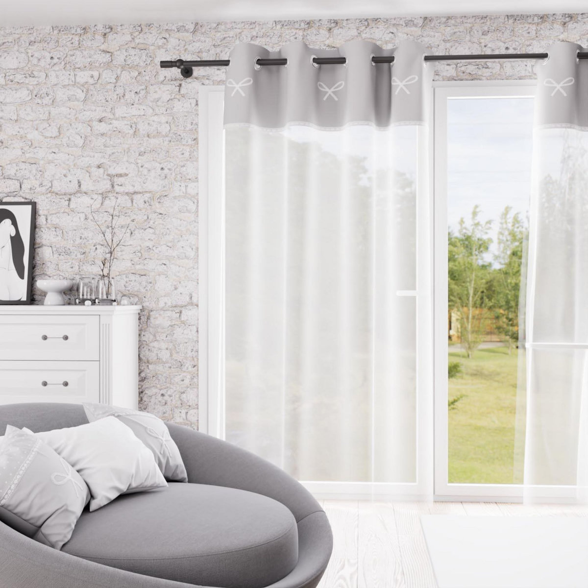 SOLEIL D'OCRE Voile à oeillets brodé en coton 135x250 cm EMILIE gris, par Soleil d'ocre