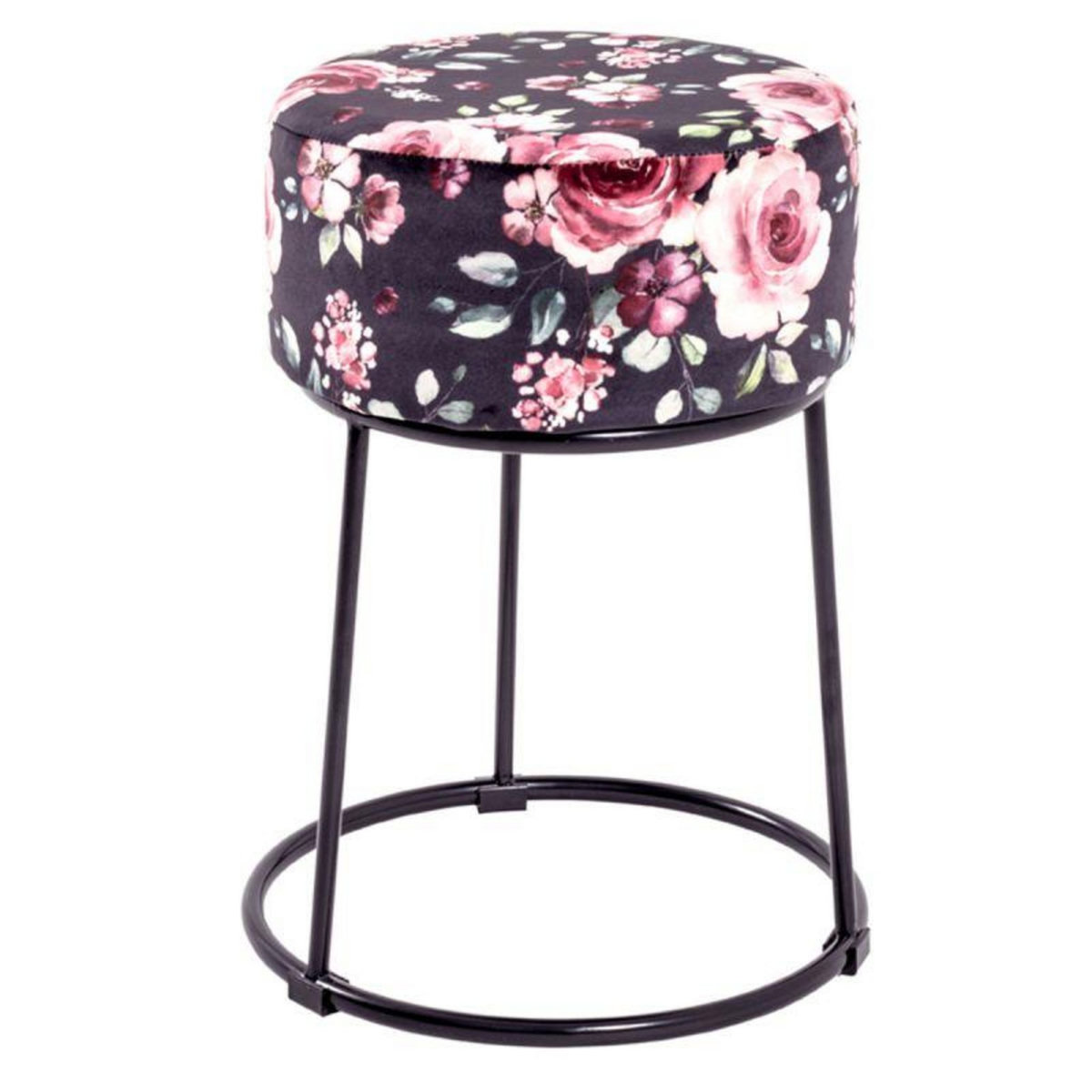 Paris Prix Tabouret en Velours  Motif Fleurs  46cm Noir & Rose