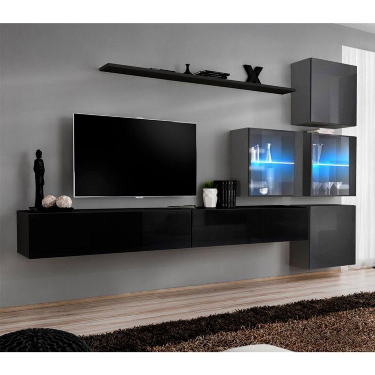 Paris Prix Meuble TV Mural Design  Switch XIX  310cm Noir & Gris