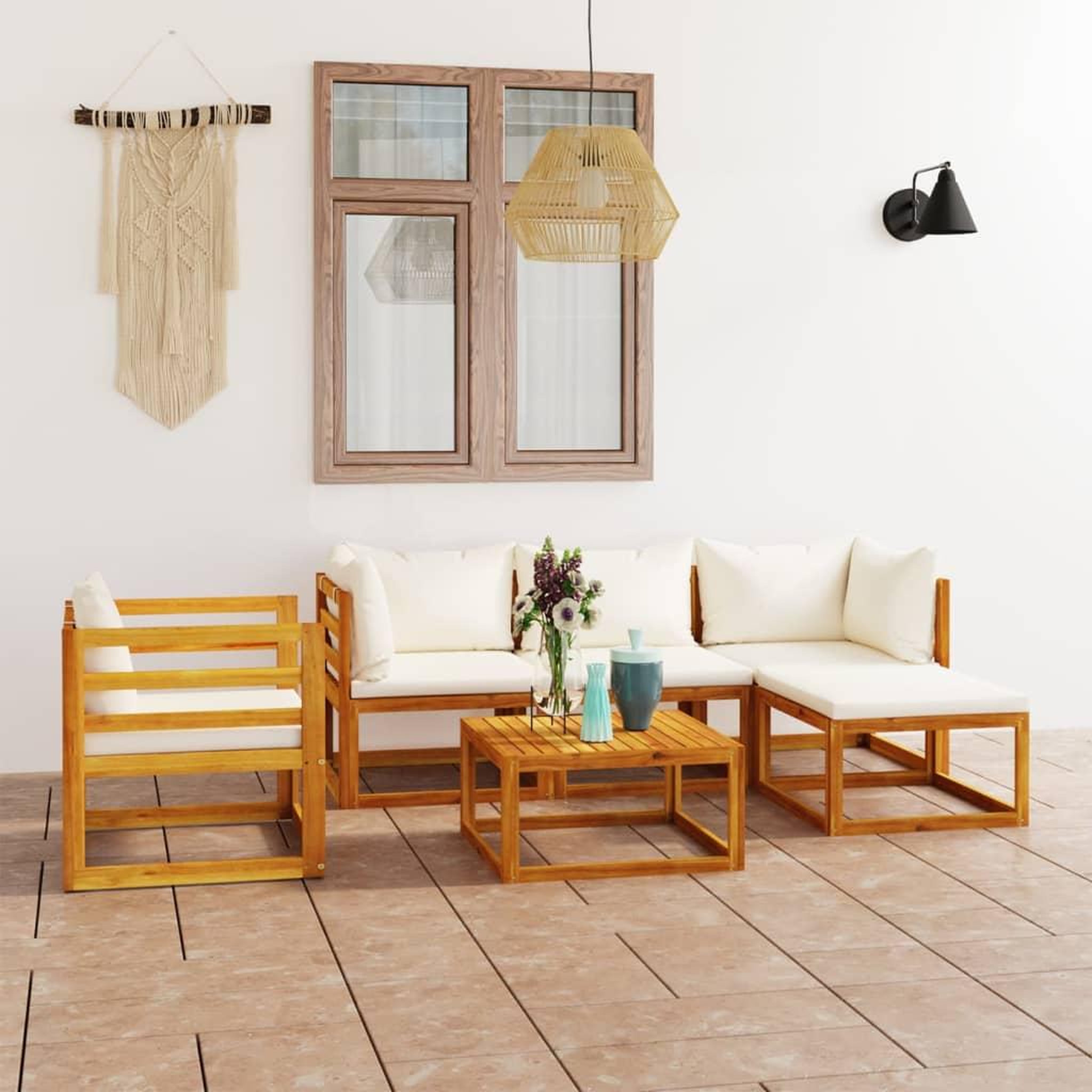 Voir la diapositive 1 : VIDAXL Salon de jardin 6 pcs avec coussin Creme Bois d'acacia solide