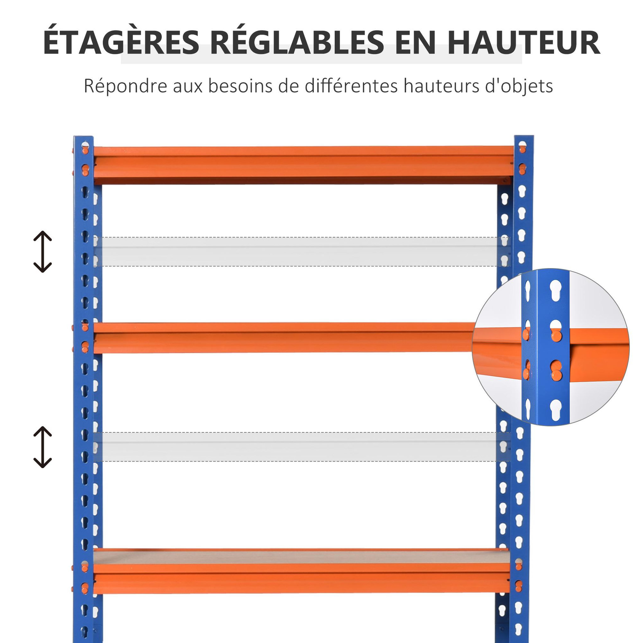 Voir la diapositive 4 : HOMCOM Rayonnage charges lourdes ou volumineuses - étagère garage - 5 tablettes réglables en hauteur - métal bleu orange MDF
