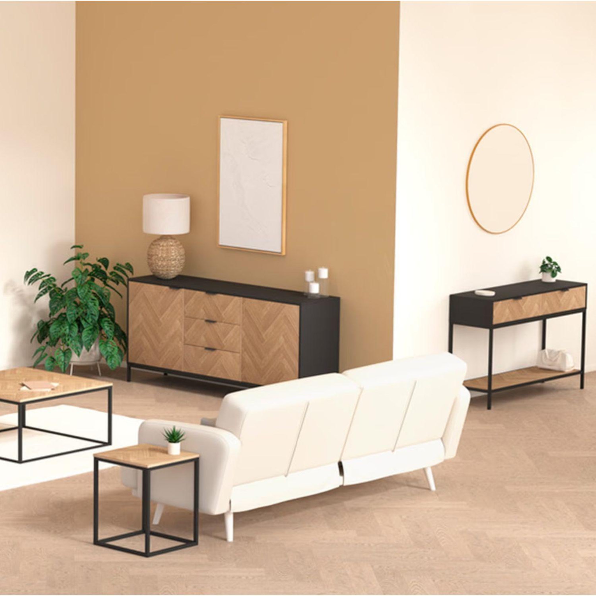Voir la diapositive 2 : FIVE Buffet 2 portes et 3 tiroirs en bois et métal chevrons - beige et noir