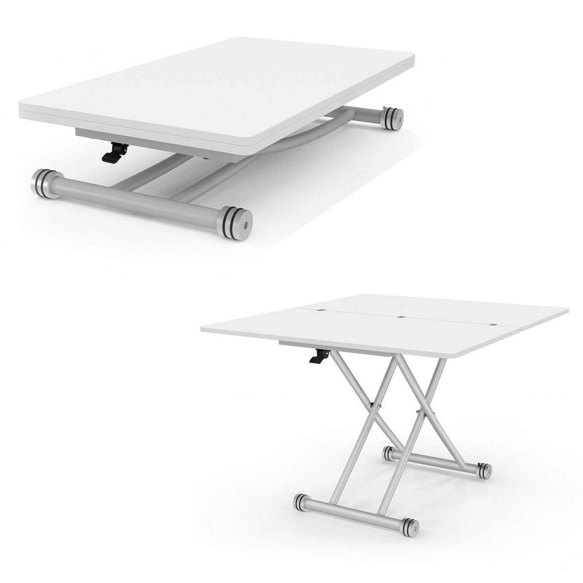 ID MARKET Table basse extensible relevable en table à manger rectangulaire URBANA plateau blanc pied chrome
