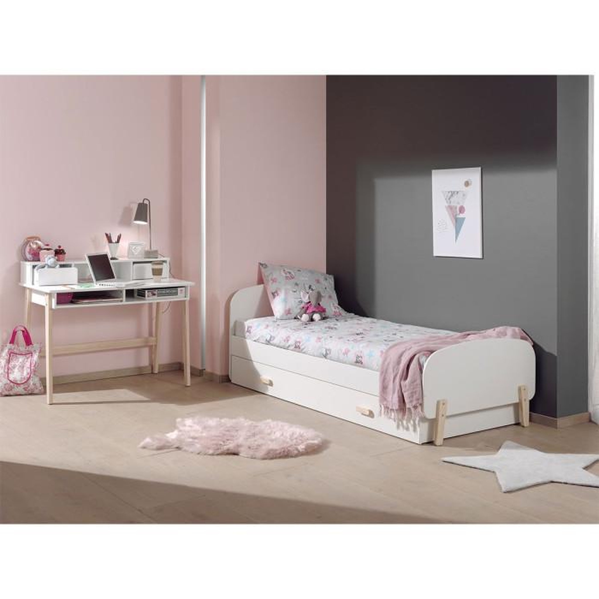Voir la diapositive 2 : Paris Prix Pack - Lit Enfant, Tiroir & Bureau  Kiddy  Blanc