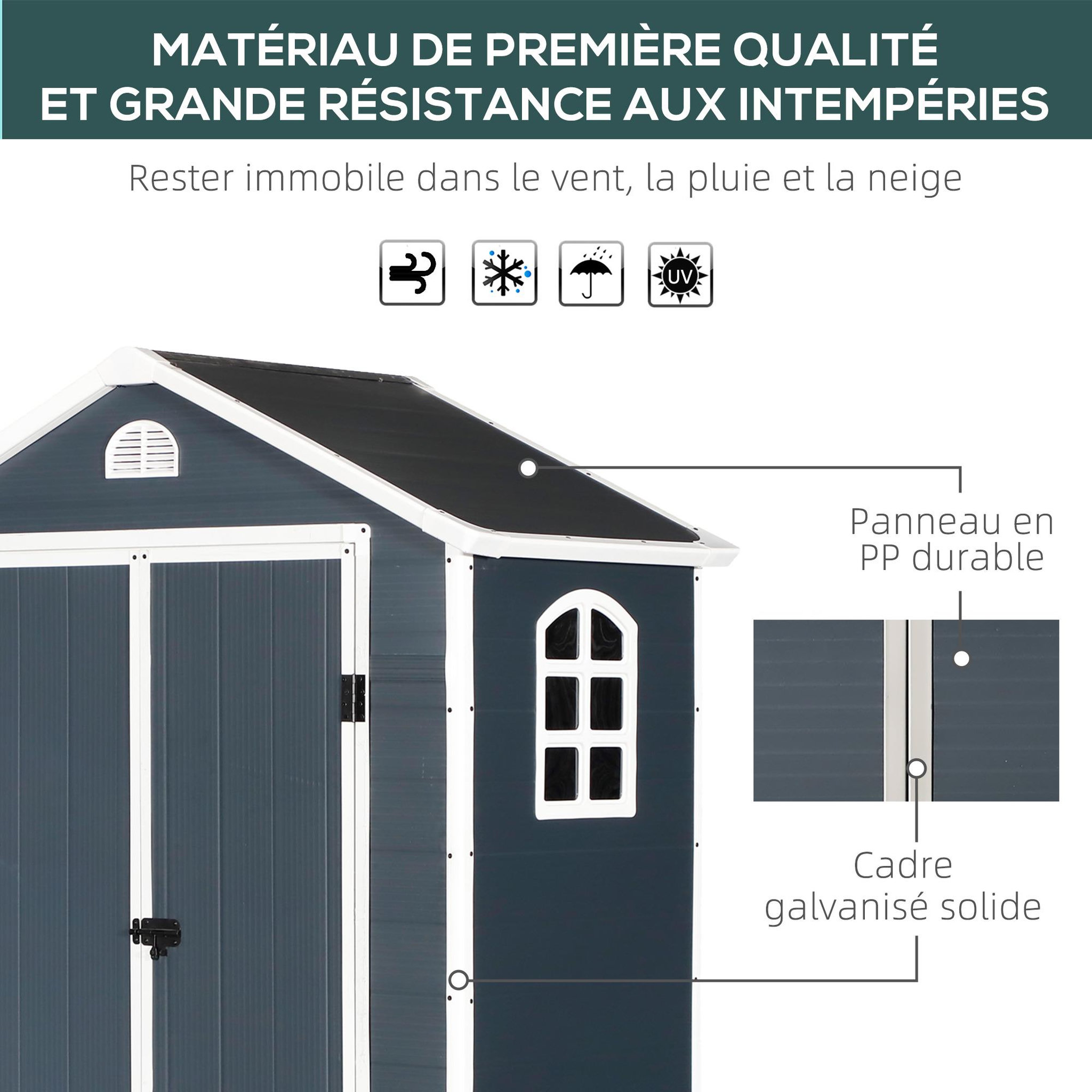 Voir la diapositive 4 : OUTSUNNY Abri de jardin - cabanon porte verrouillable, fenêtre - dim. 1,34L x 1,04l x 2,04H m - résine PP ondulée anthracite