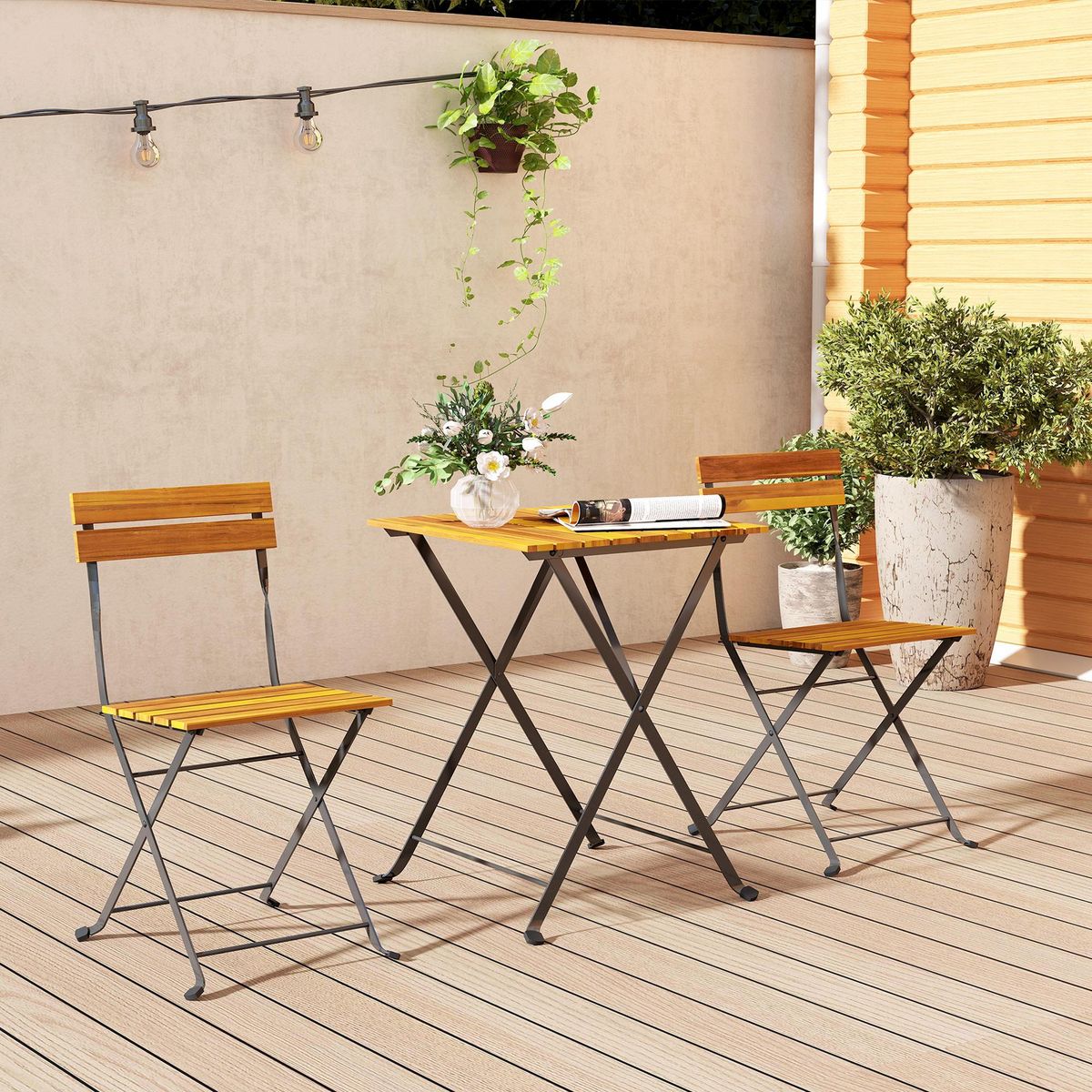 OUTSUNNY Ensemble bistrot de jardin 3 pièces pliables style exotique acier noir lattes bois acacia verni