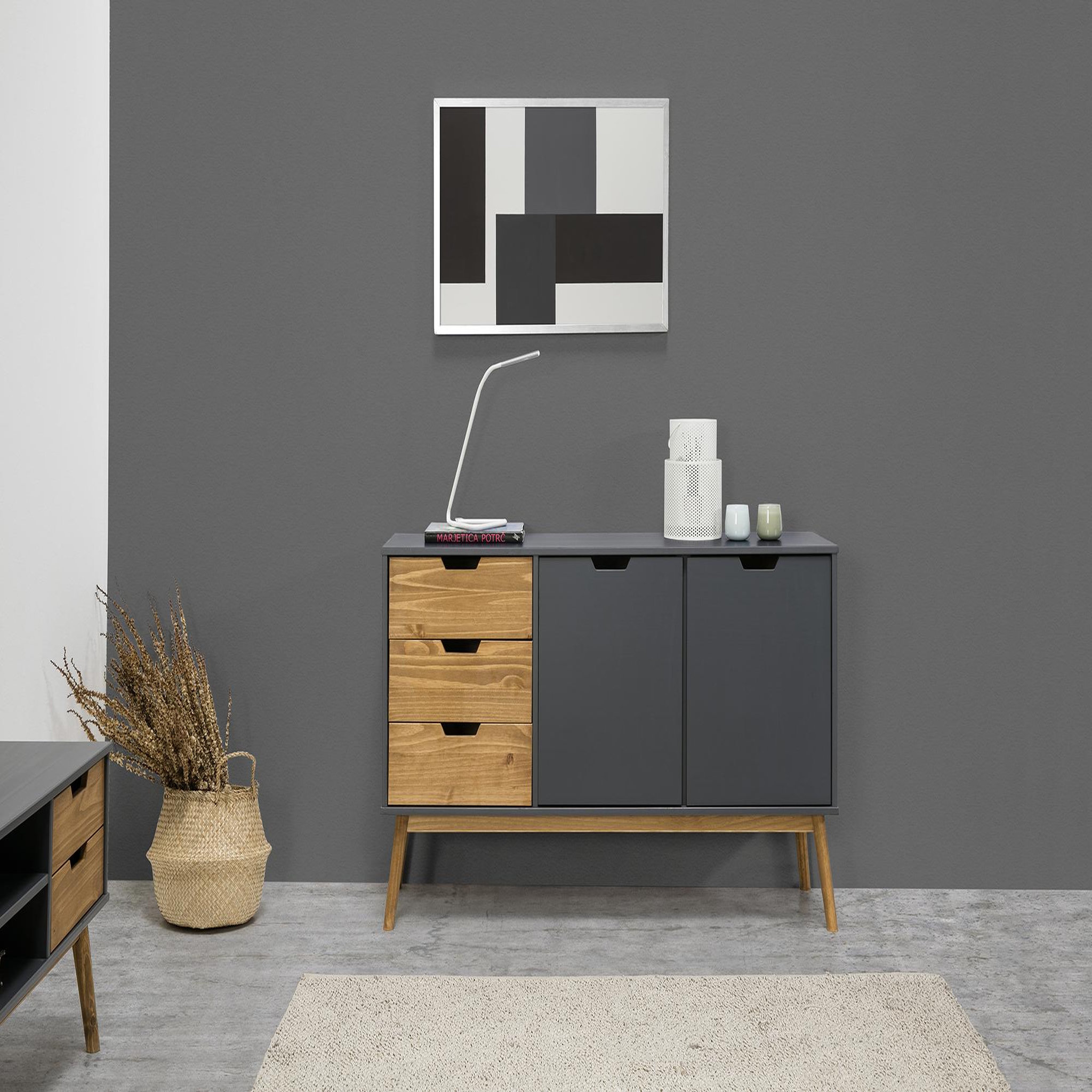 Voir la diapositive 4 : VS VENTA-STOCK Buffet Commode Java 3 tiroir y 2 Porte Anthracite, glissières métalliques, 140 cm