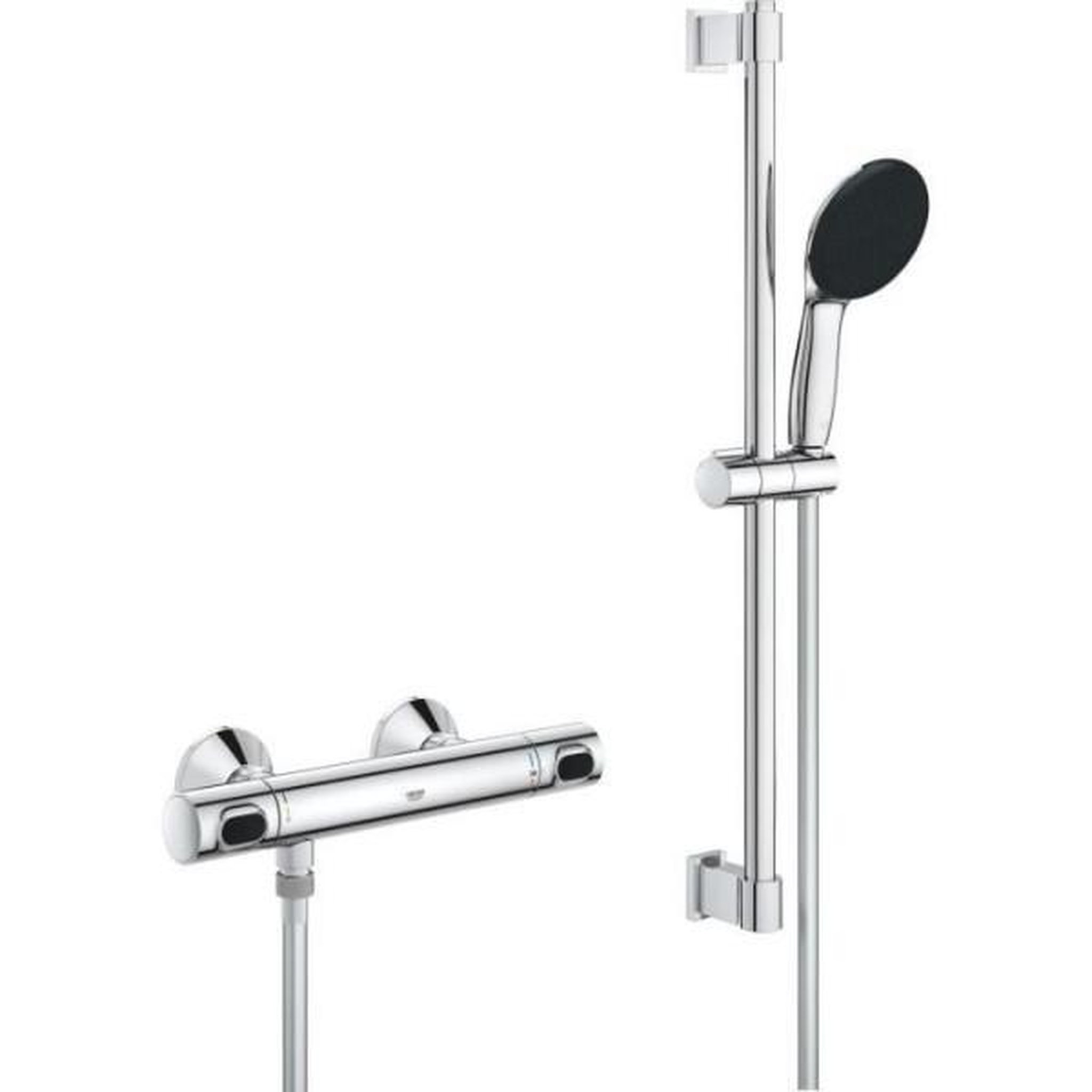 Grohe Ensemble de douche avec mitigeur thermostatique, pommeau 1 jet, barre 60cm et flexible - GROHE 34800001 - Economie d'eau - Chrom