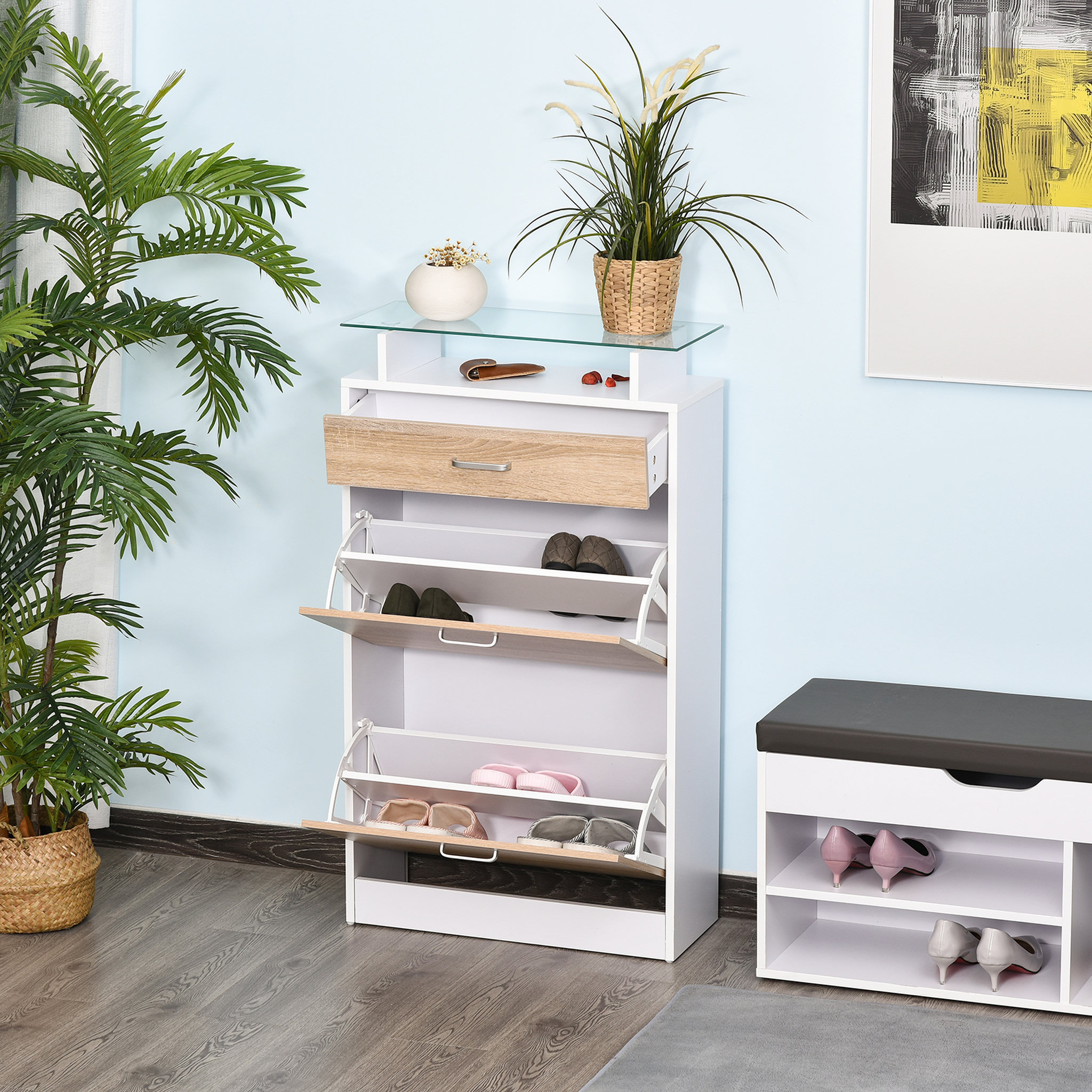 Voir la diapositive 5 : HOMCOM Armoire à chaussures organisateur de luxe pour chaussures 2 portes abattantes 2 compartiments, tiroir, étagère verre panneaux particules chêne blanc