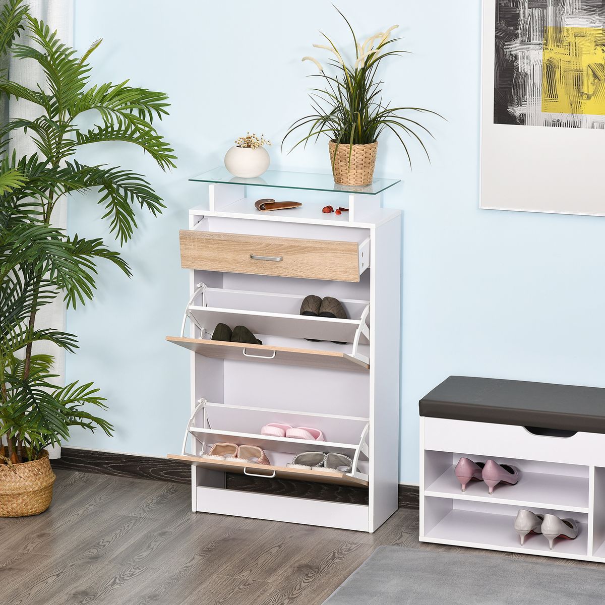 HOMCOM Armoire à chaussures organisateur de luxe pour chaussures 2 portes abattantes 2 compartiments, tiroir, étagère verre panneaux particules chêne blanc