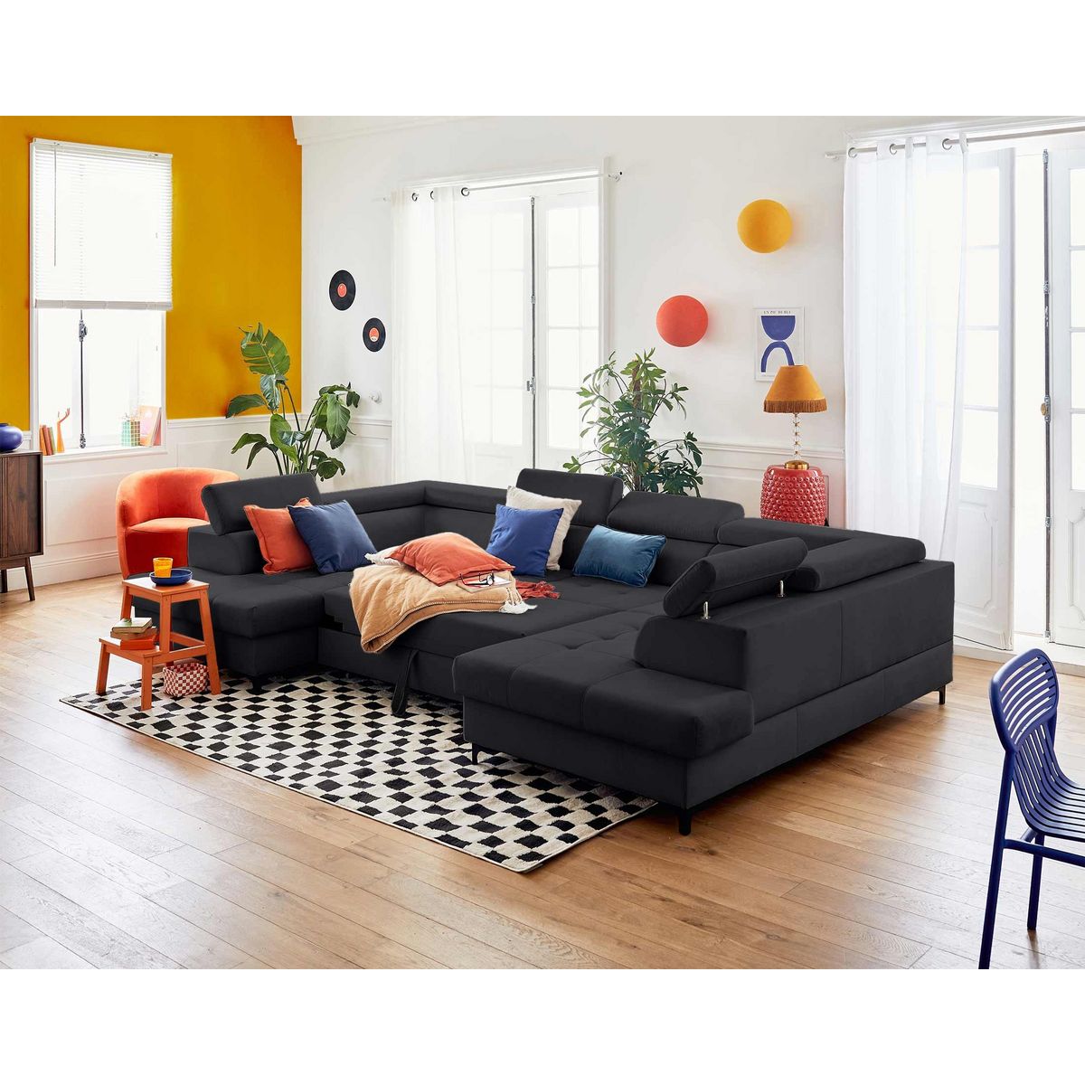 LISA DESIGN Merida - canapé panoramique en u - 7 places - convertible avec coffres et têtières réglables - en velours