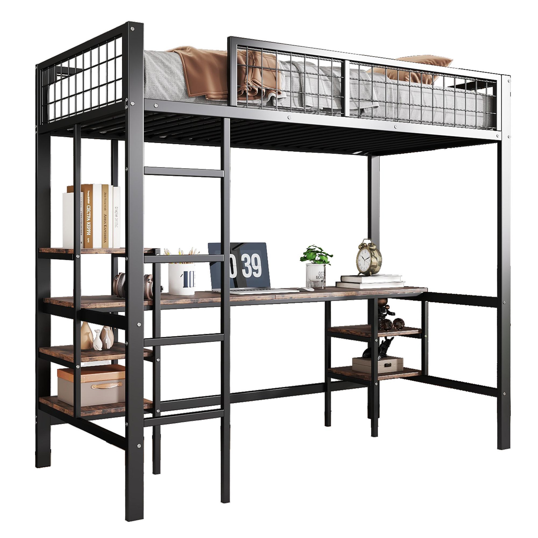 MERAX Lit mezzanine 90x200cm métal et bois coloris noir