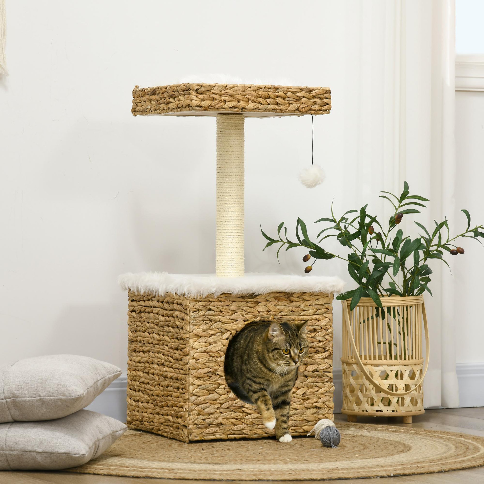 Voir la diapositive 2 : PAWHUT Arbre à chat style cosy chic griffoir sisal niche plateforme d'observation boule jacinthe d'eau peluche aspect fourrure