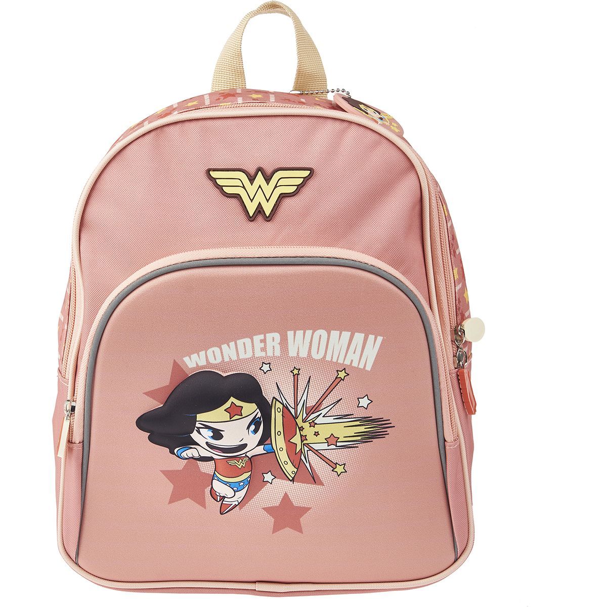 DC COMIC'S Sac maternelle rose avec pochette avant Wonder Woman