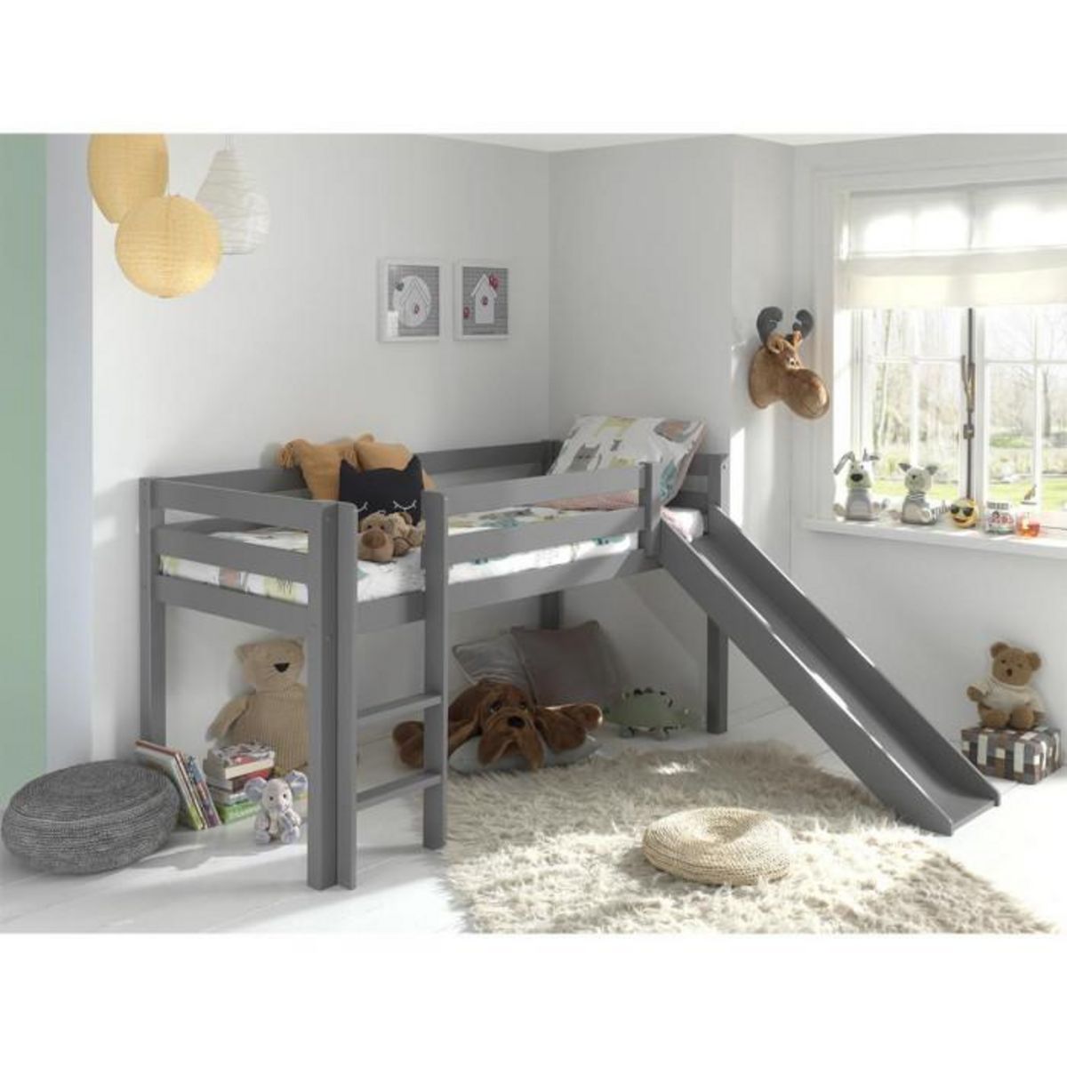 Paris Prix Lit Enfant Surélevé Avec Toboggan  Pino  90x200cm Gris