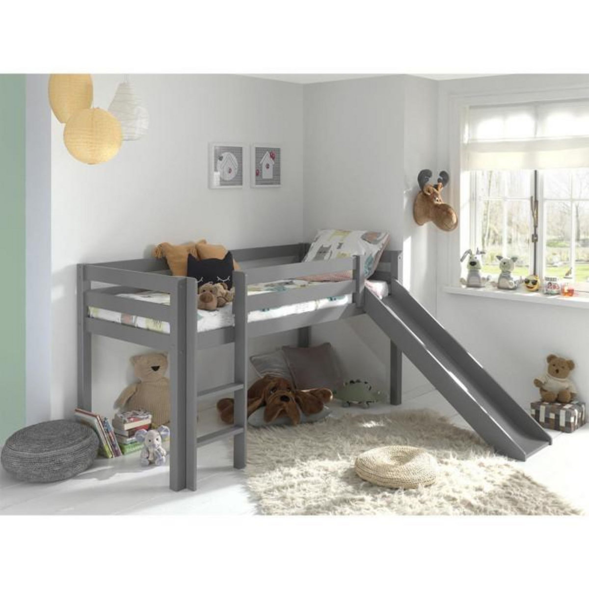 Paris Prix Lit Enfant Surélevé Avec Toboggan  Pino  90x200cm Gris