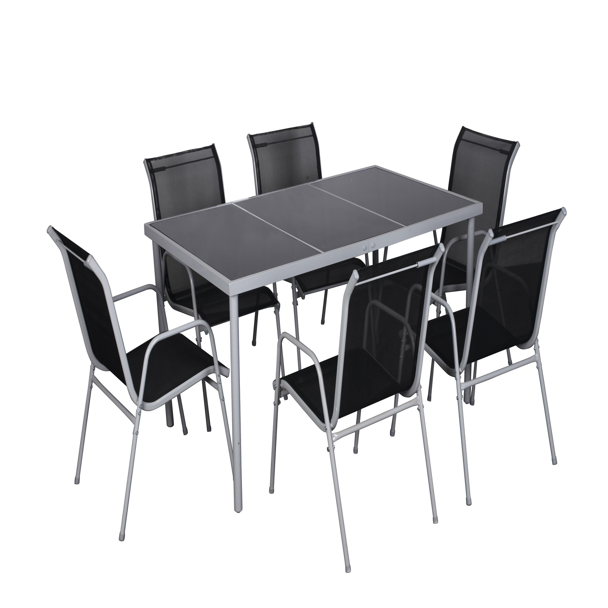 CONCEPT USINE Table de jardin et 6 chaises en acier et toile PVC gris LUSIANA