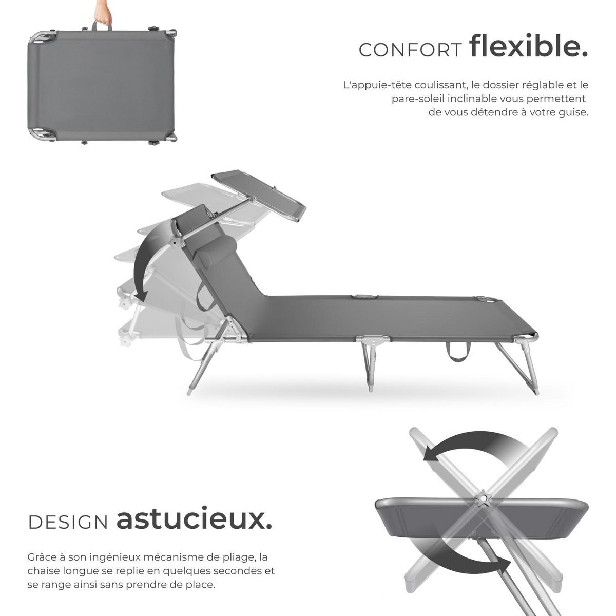 tectake Lot de 2 transats de jardin en acier pliable gris