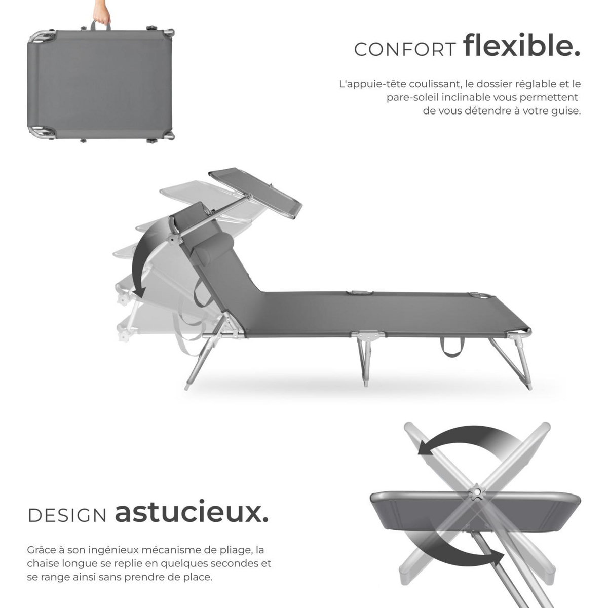 tectake Lot de 2 transats de jardin en acier pliable gris