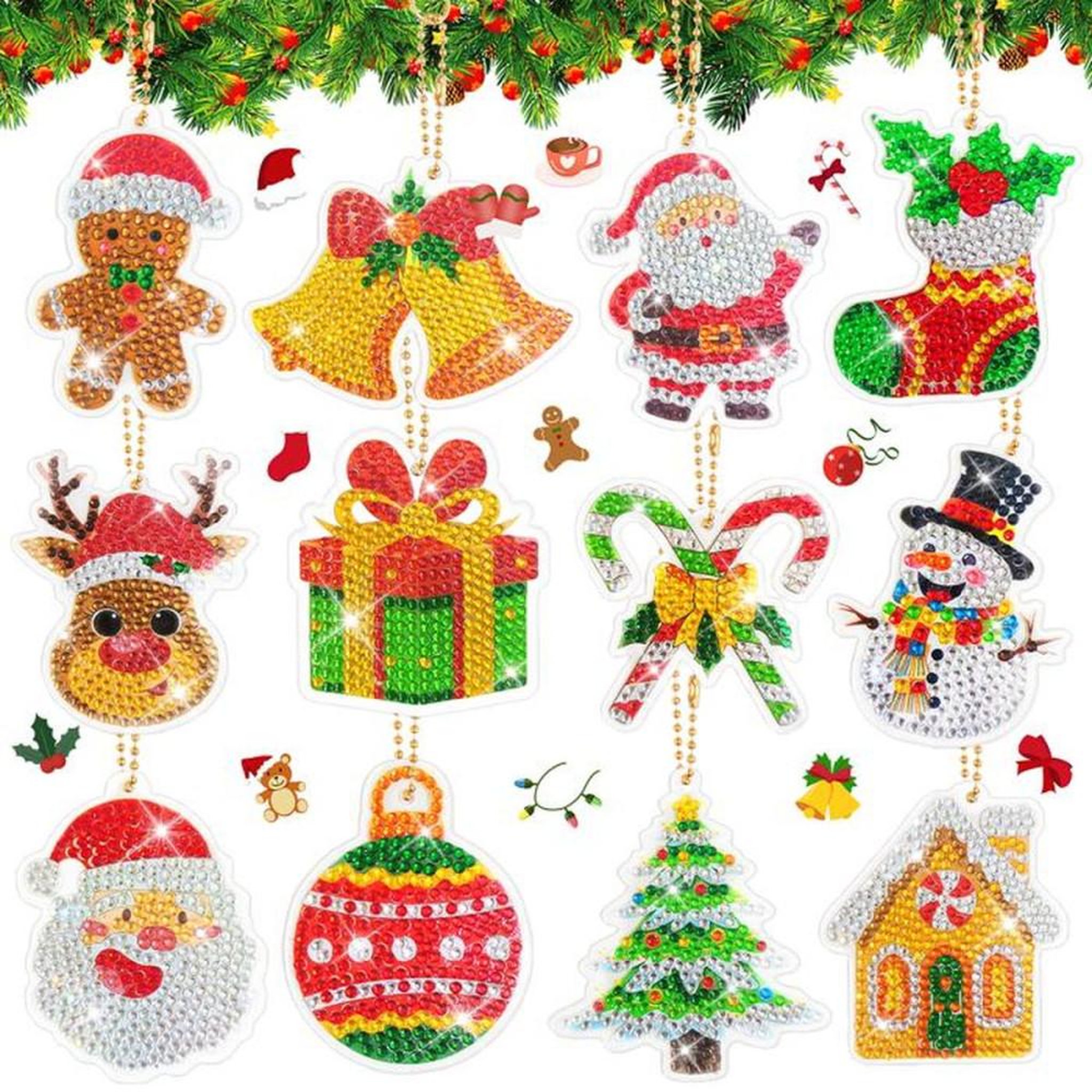 Décoration Noël diamant 5D couronne multicolore sur plaque acrylique, kit avec 12 porte-clés strass et stylo applicateur
