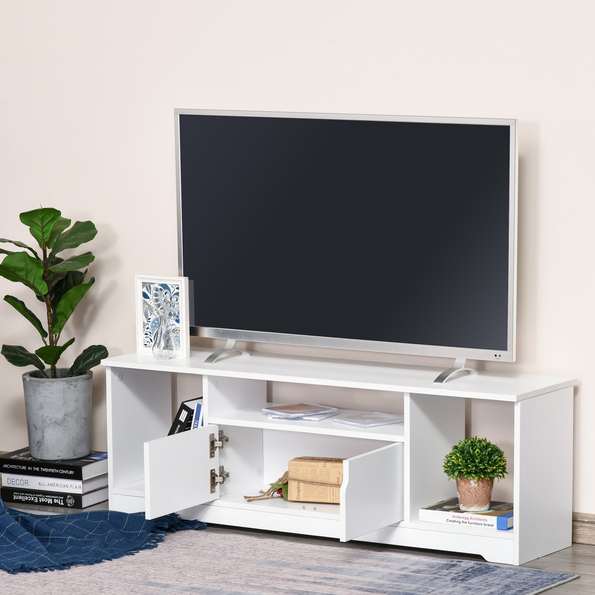 Voir la diapositive 6 : HOMCOM Meuble TV banc TV design contemporain - 3 niches, placard double porte - dim. 120L x 30l x 41H cm - panneaux particules blanc