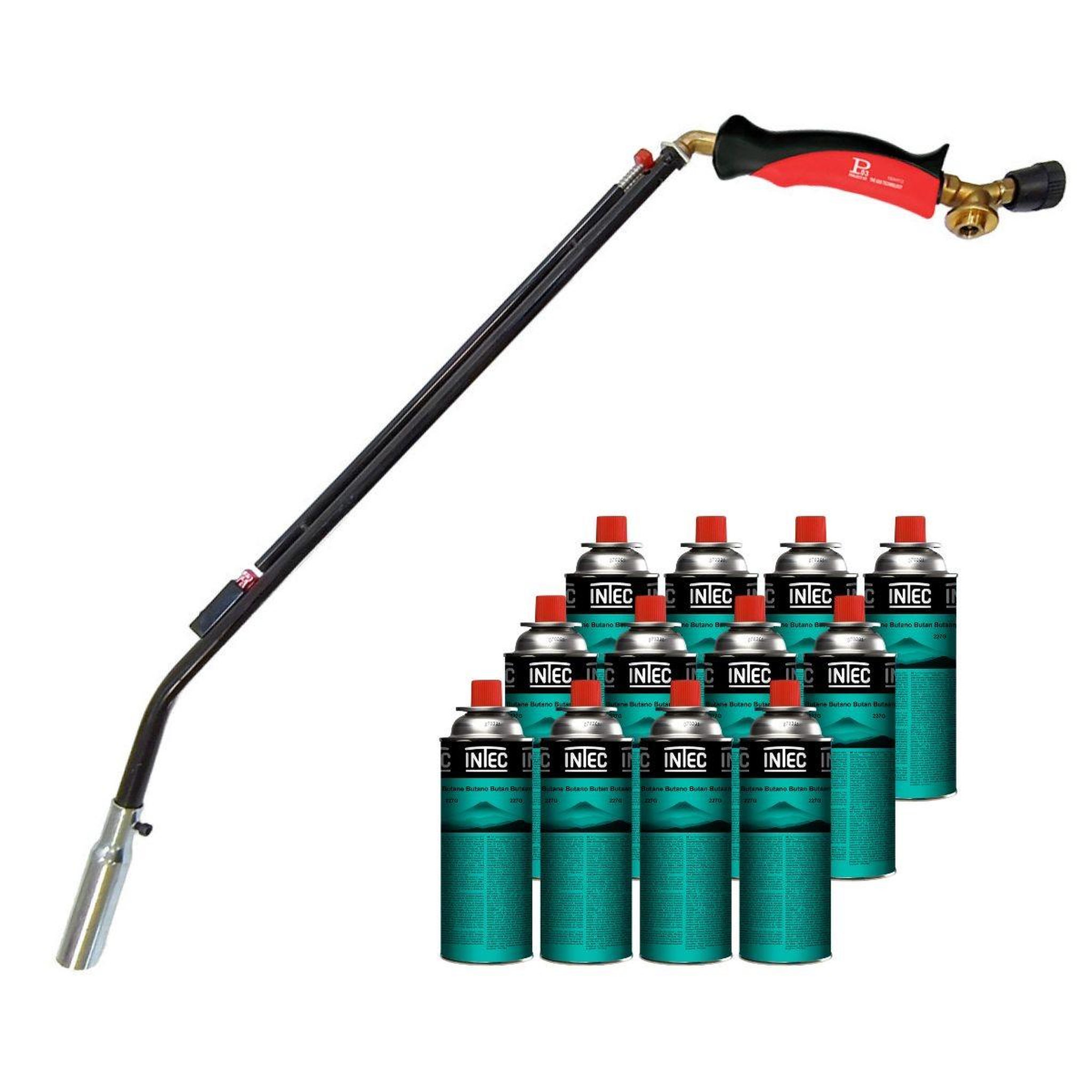 INTEC Désherbeur thermique à gaz 1100w + 12 cartouches de gaz butane brule herbes allumage piezo + adaptateur multicartouche intec