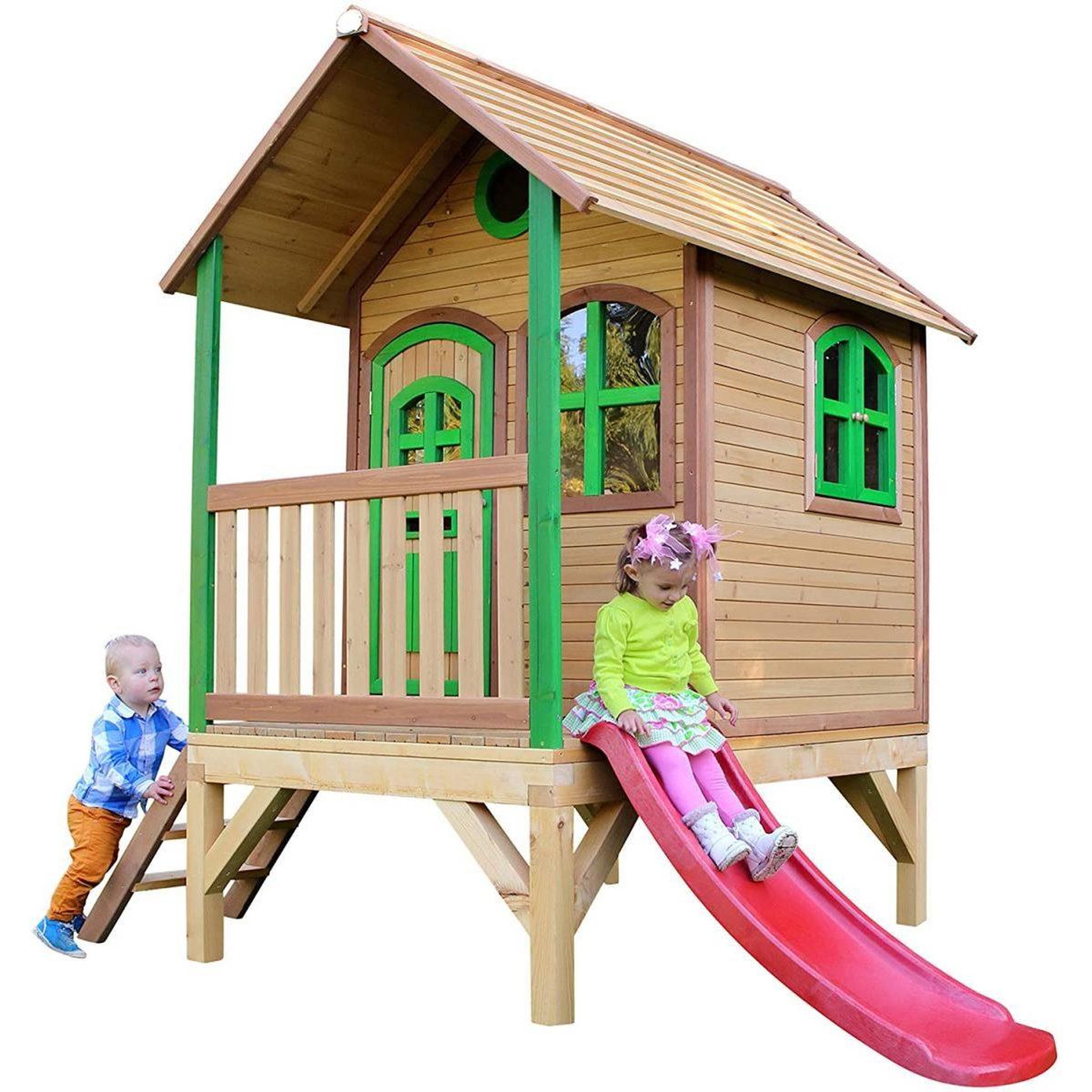 Voir la diapositive 3 : Axi House AXI Cabane enfant TOM Brun vert avec toboggan Rouge
