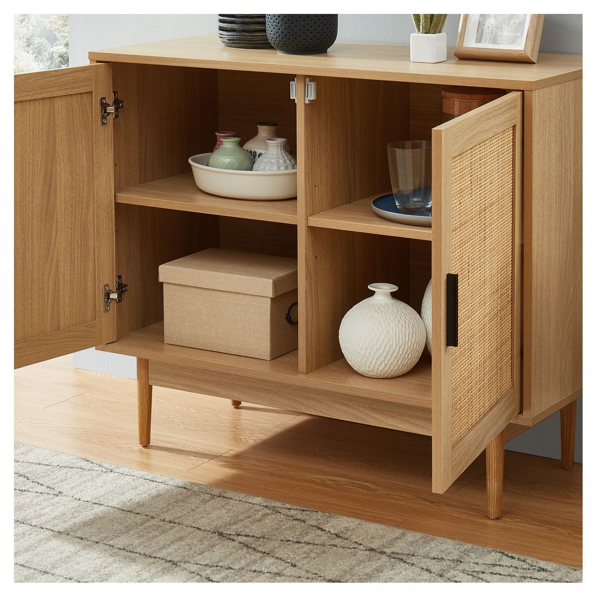 Buffet 2 portes cannage naturel - Décor imitation bois - L90cm AMANDINE