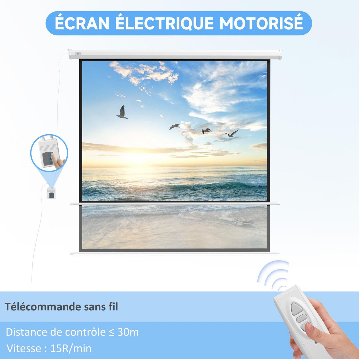 HOMCOM Écran de projection motorisé home-cinéma format 1:1 96 pouces 4K HD avec télécommande blanc noir