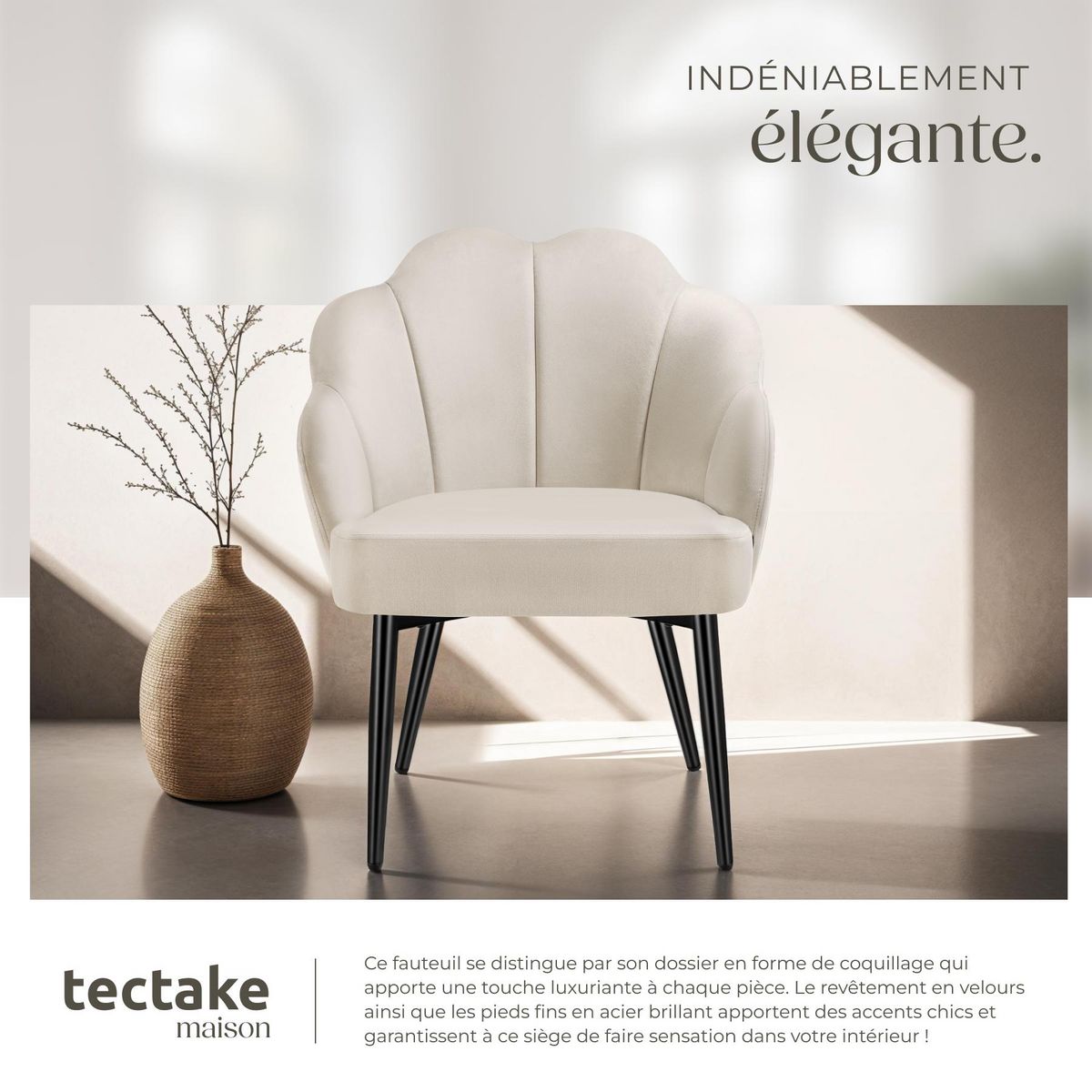 tectake Fauteuil cocktail rembourré en velours crème/noir Lot de 6