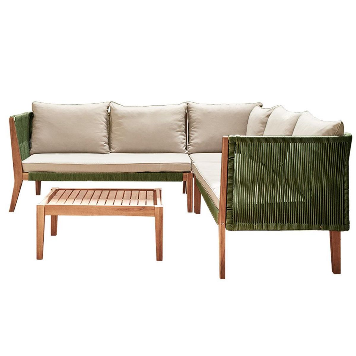 BEST MOBILIER Papua - salon de jardin en bois et corde kaki - 5 places - coussins beige