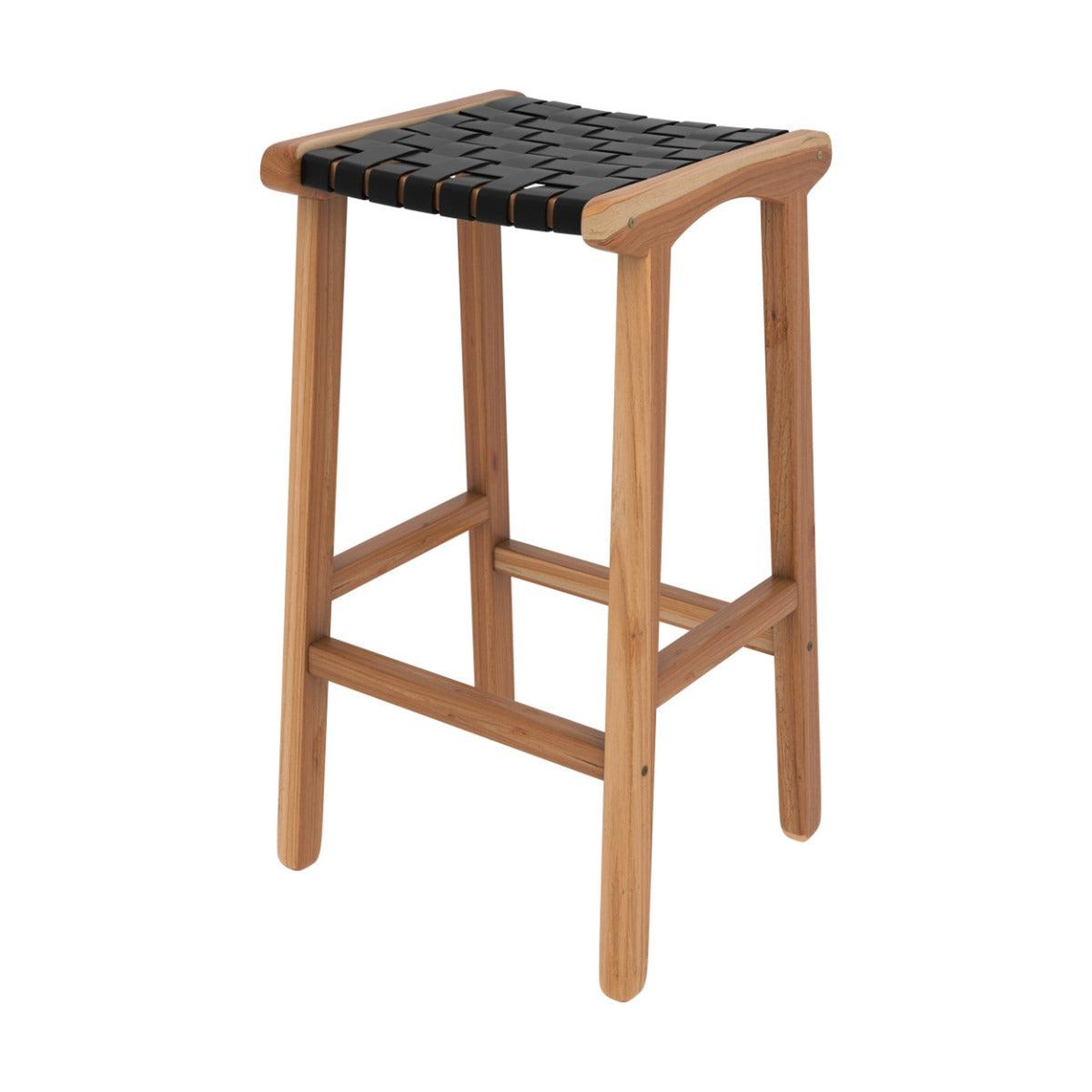 MAISON PAVANE Tabouret pour îlot central 68 cm en teck et cuir tressé noir-kuna