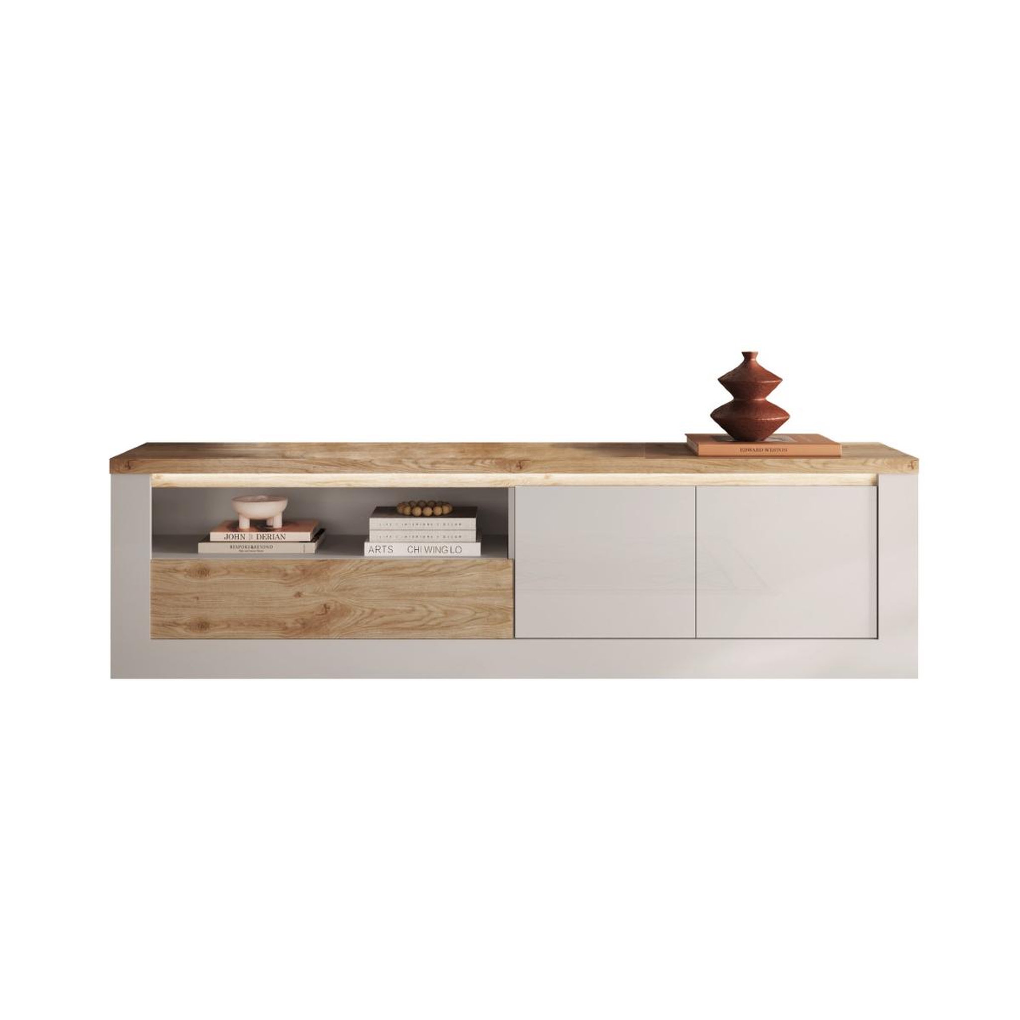 JLC KREATION Meuble tv moderne laqué blanc et bois + led 210cm aria