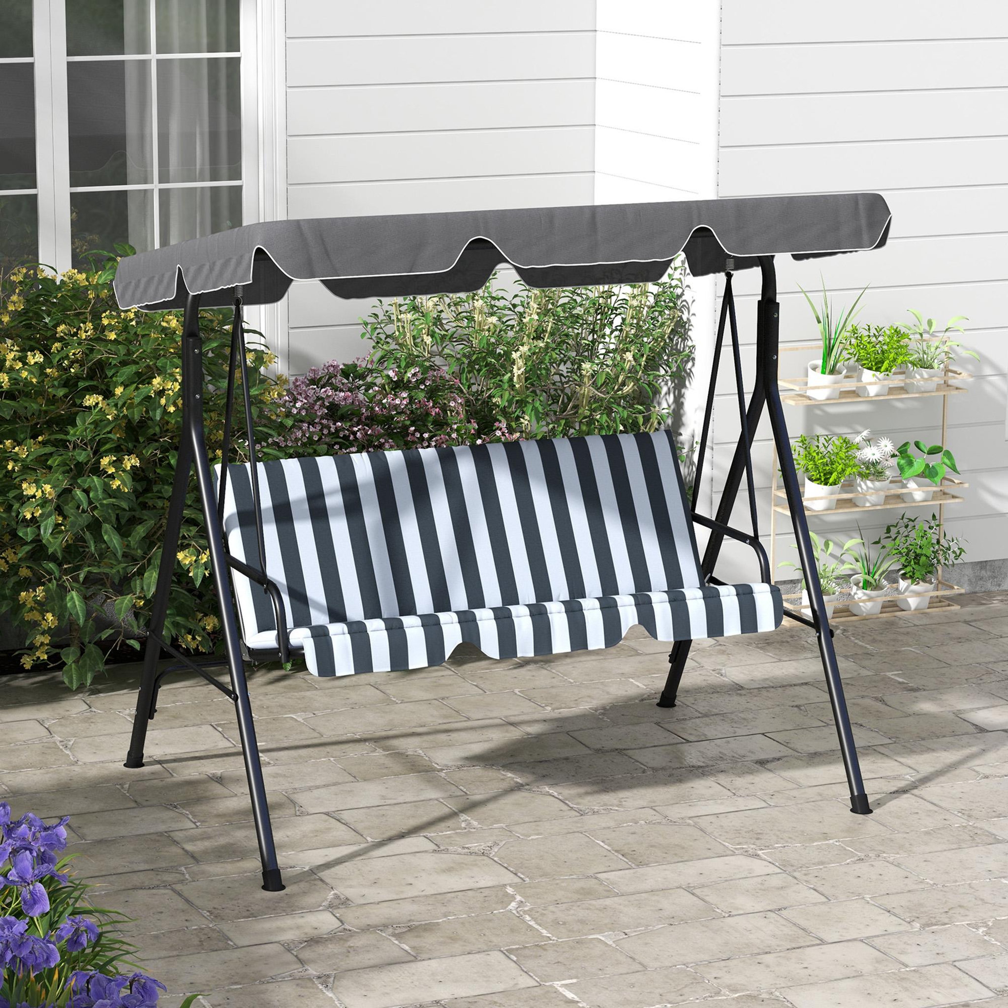 Voir la diapositive 4 : OUTSUNNY Balancelle de jardin 3 places toit réglable acier polyester blanc gris rayé