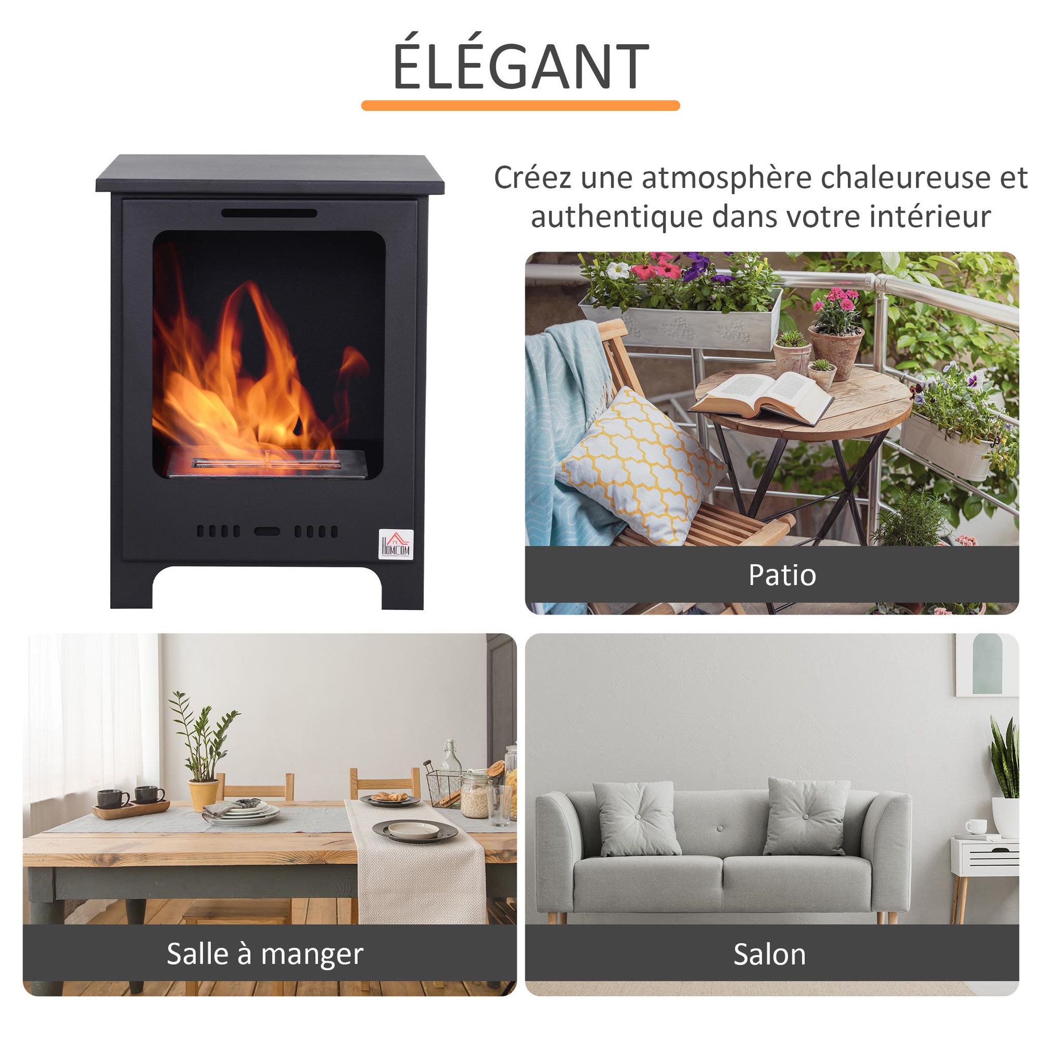 Voir la diapositive 6 : HOMCOM Cheminée bioéthanol sur pieds style néo-rétro poêle 1 brûleur 1,5 l dim. 40l x 30l x 50h cm couverture 20-25 m² noir