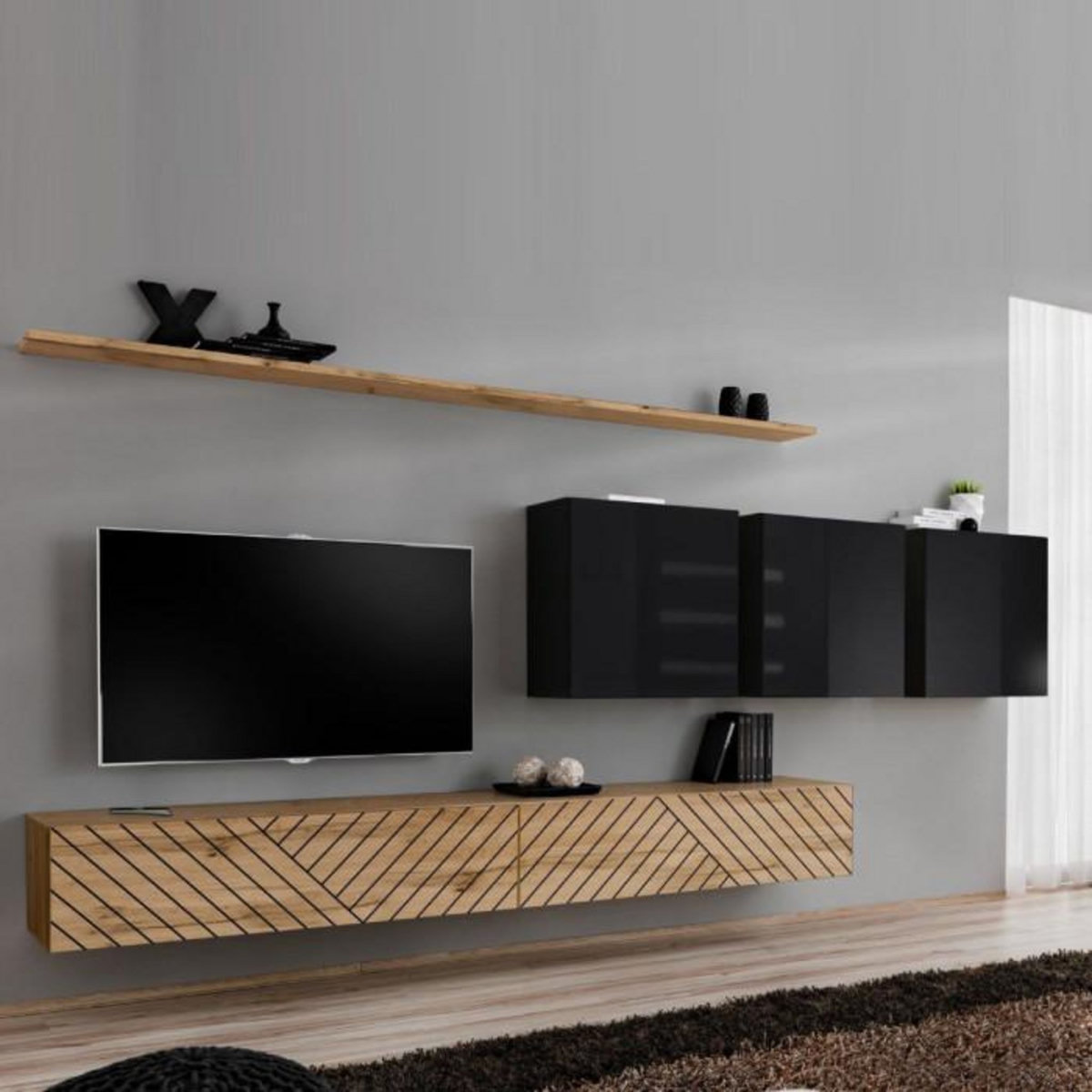 Paris Prix Ensemble Meuble TV  Switch Lamel VII  340cm Naturel & Noir