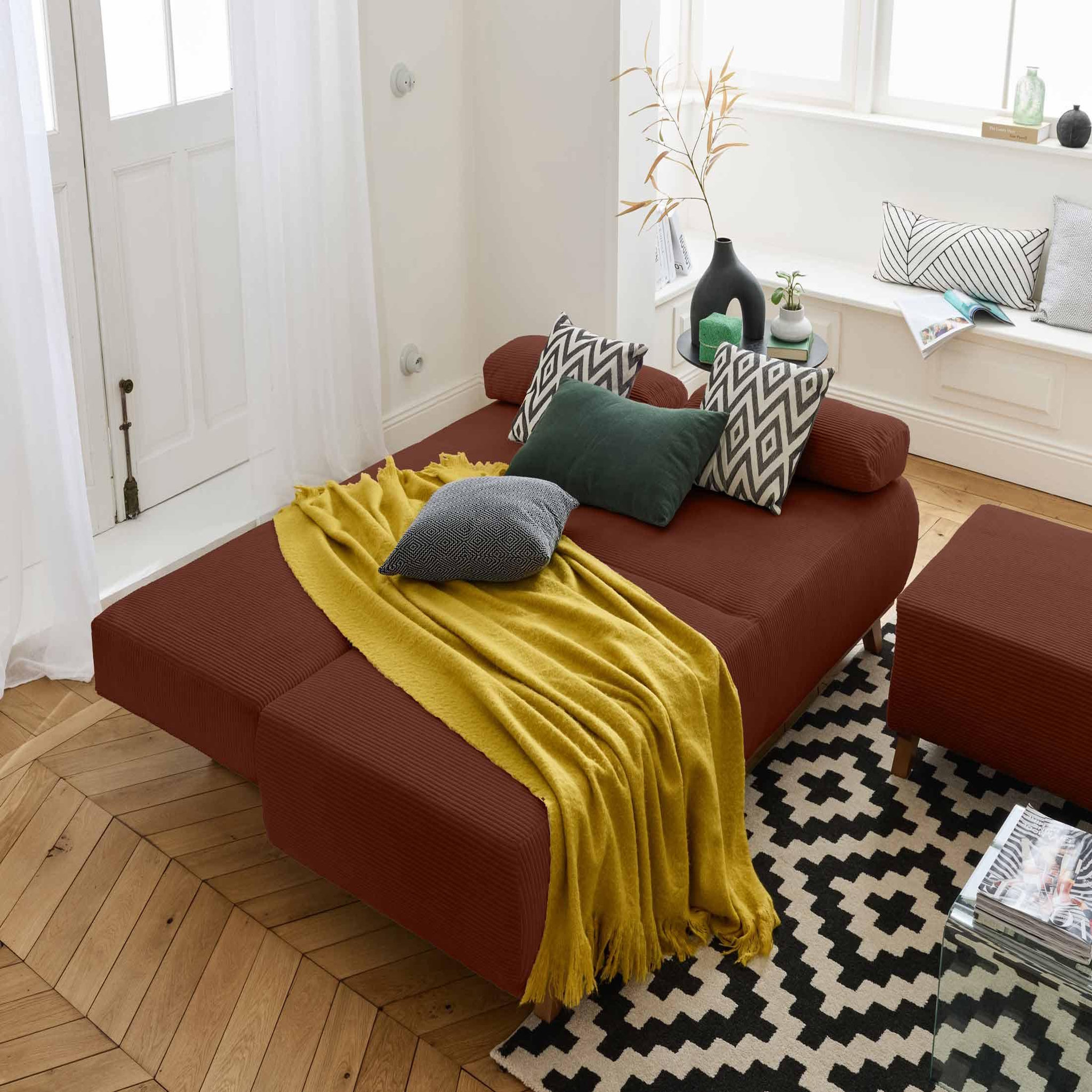 Voir la diapositive 2 : BEST MOBILIER Cristal - canapé 3 places - convertible avec coffre et pouf - en velours côtelé