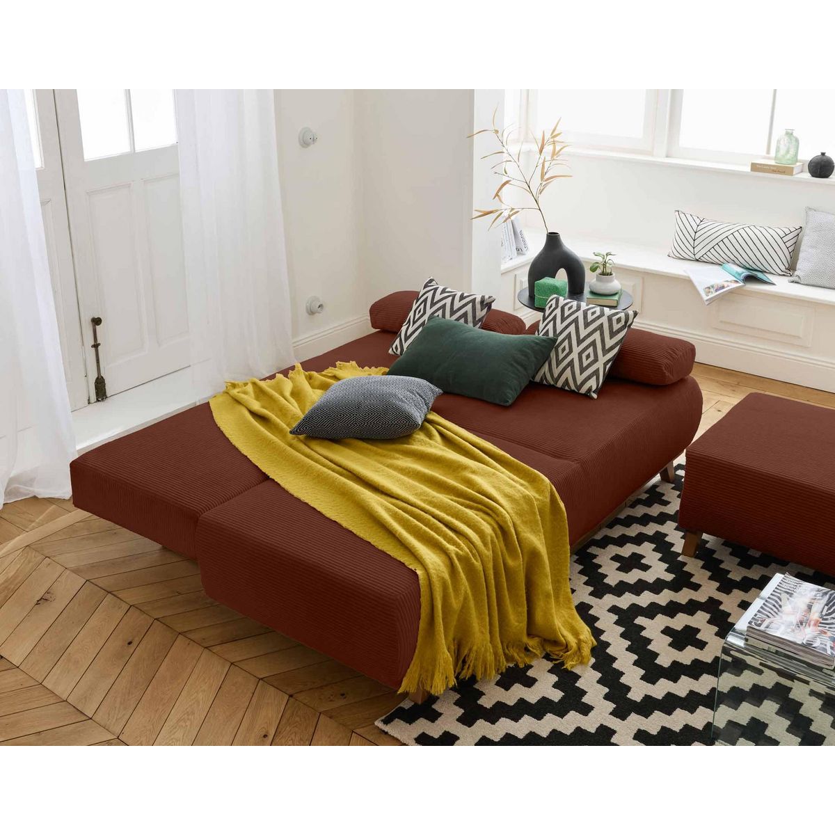 BEST MOBILIER Cristal - canapé 3 places - convertible avec coffre et pouf - en velours côtelé