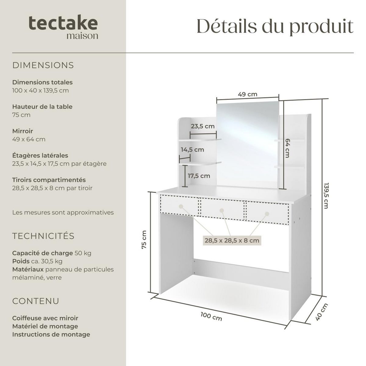 tectake Coiffeuse au look moderne blanc