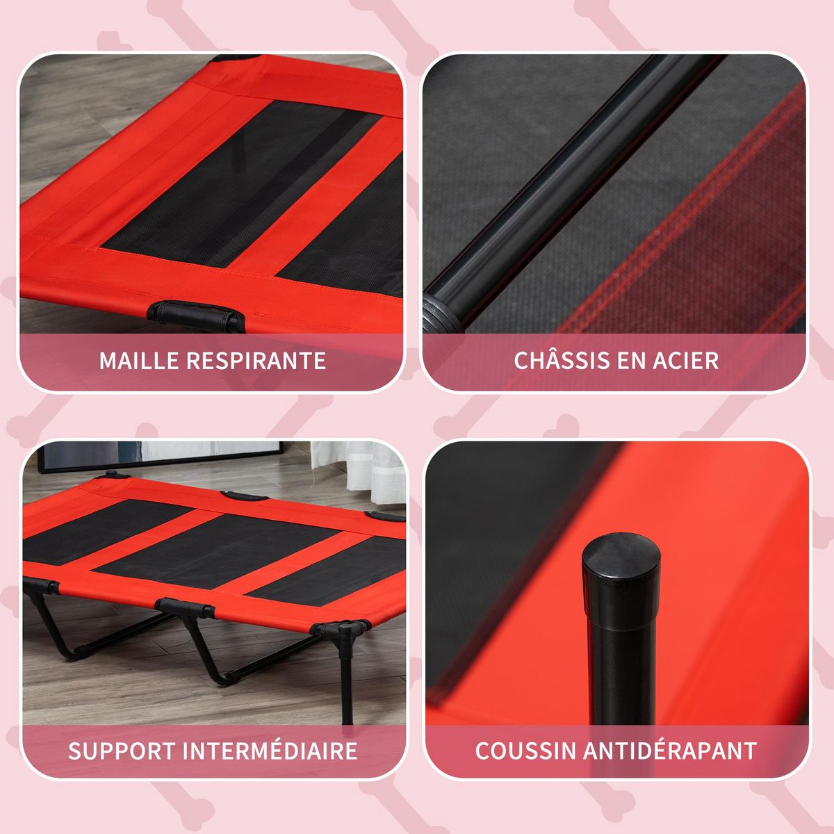 PAWHUT Lit sur pieds XXL pour chien chat lit de camp animal lit surélevé Oxford textilène micro-perforé dim. 122L x 92l x 23H cm rouge