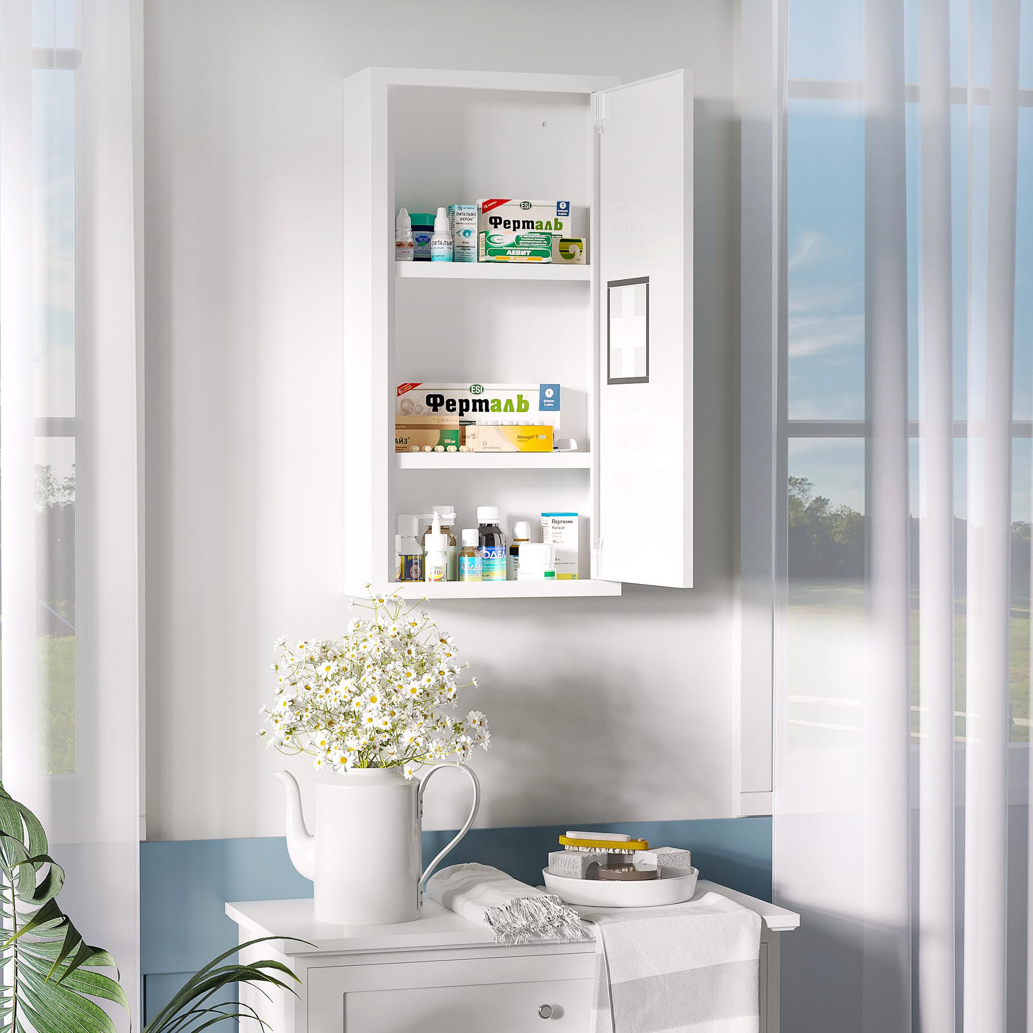 Voir la diapositive 2 : KLEANKIN Armoire à pharmacie 2 étagères 3 niveaux dim. 30l x 12l x 60h cm logo croix transparent acier blanc