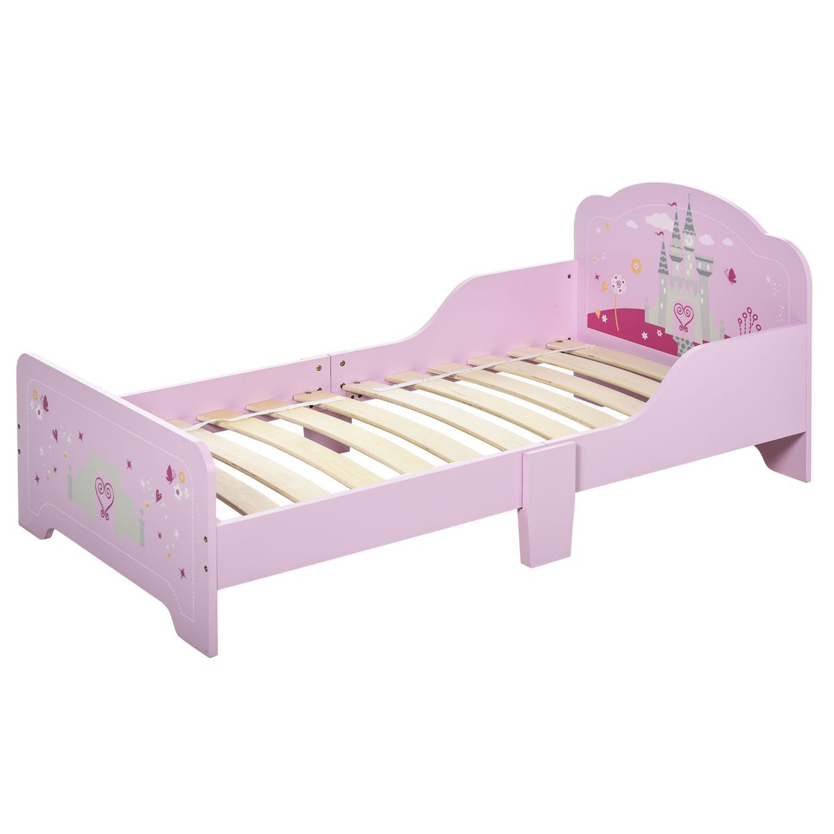 HOMCOM Lit enfant - lit d'enfant design princesse motif château - sommier à lattes inclus - MDF contre-plaqué rose