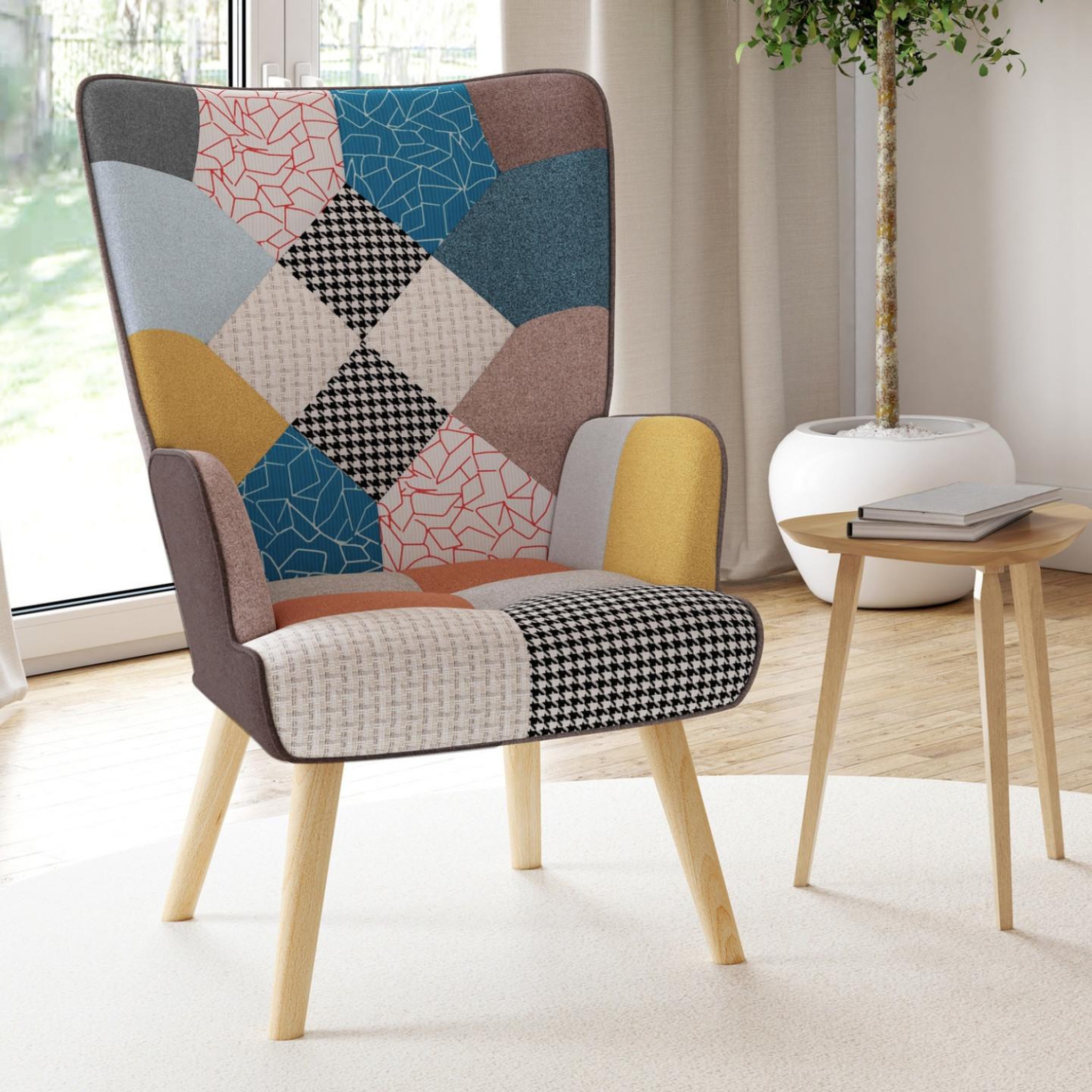 Voir la diapositive 2 : ID MARKET Fauteuil scandinave ivar en tissu patchwork multicouleurs