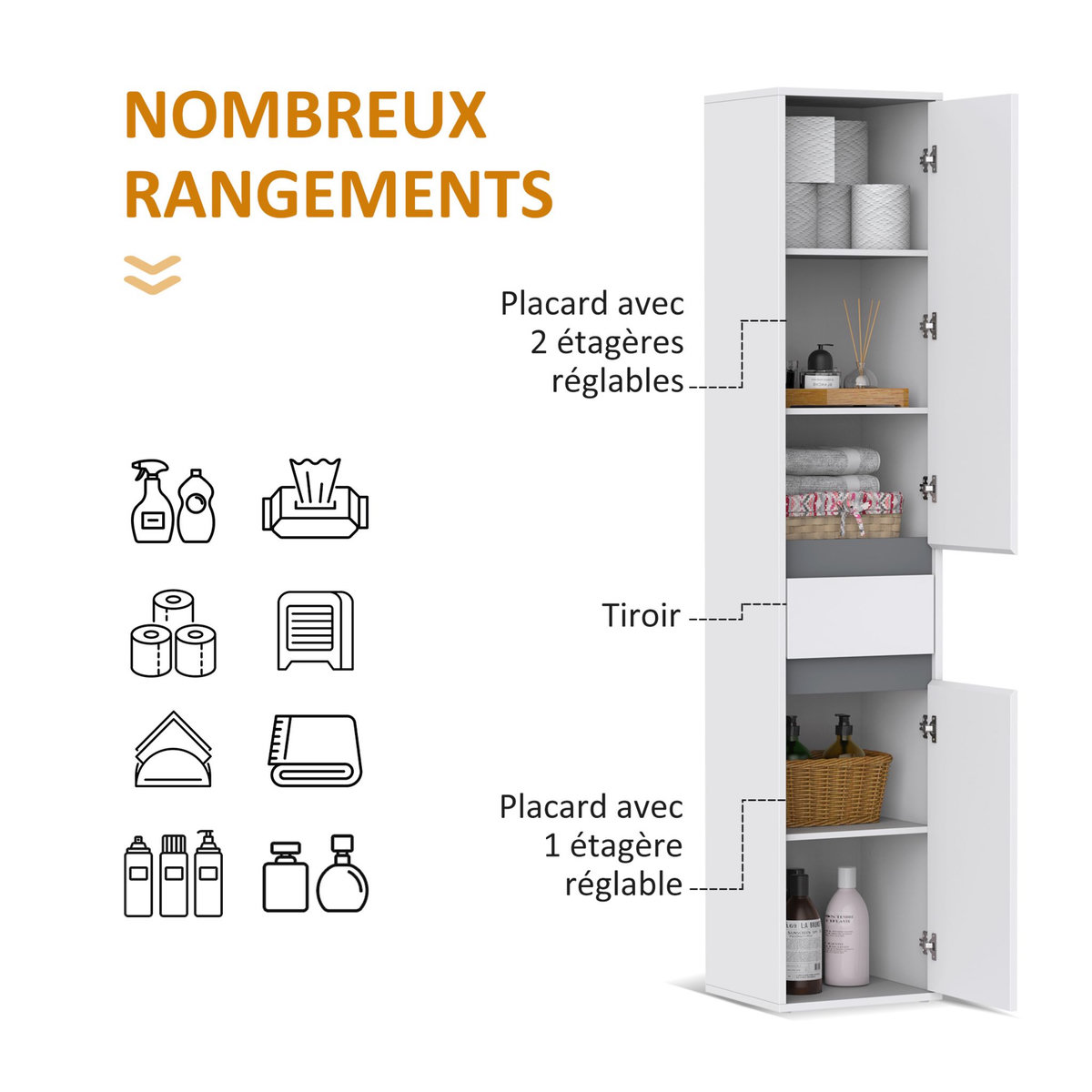HOMCOM Meuble colonne rangement salle de bain style contemporain 2 placards 3 étagères et tiroir coulissant panneaux particules blanc